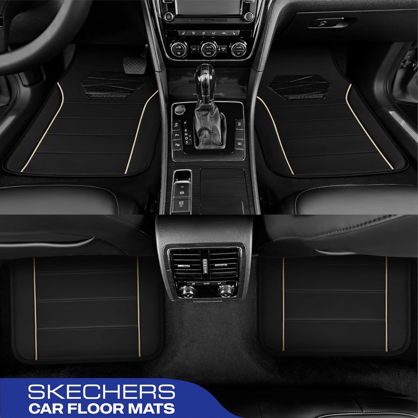 Skechers Memory Foam Car Mats, Leather Piping with Anti-Slip Pad, Universal Waterproof Fit Automotive Floor Mats for SUV, Vans, Sedans, Trucks, Full Set 4pcs Beige