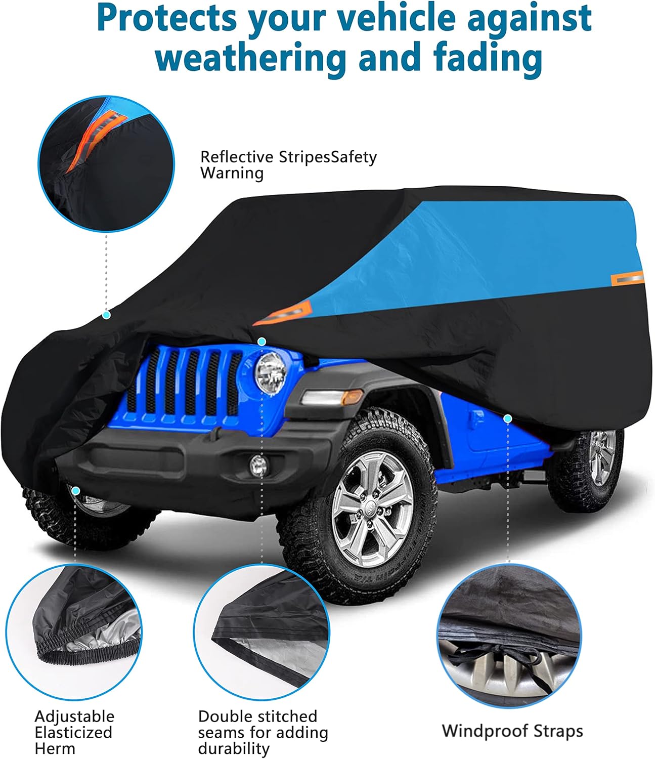MORNYRAY Compatible with Jeep Wrangler 4 Door, Waterproof Car Cover All Weather Snowproof UV Protection Windproof Outdoor Full car Cover, Universal Fit for (Wrangler 4Door, Blue)