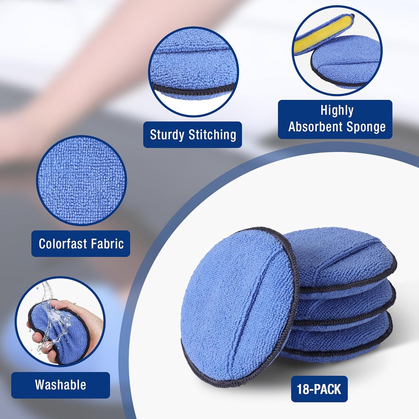 WORKPRO 18-Pack Car Wax Applicator Pads with Finger Pocket, Microfiber Soft Foam Polishing Pads for Car Detailing & Cleaning, Lint-Free, High Resilience