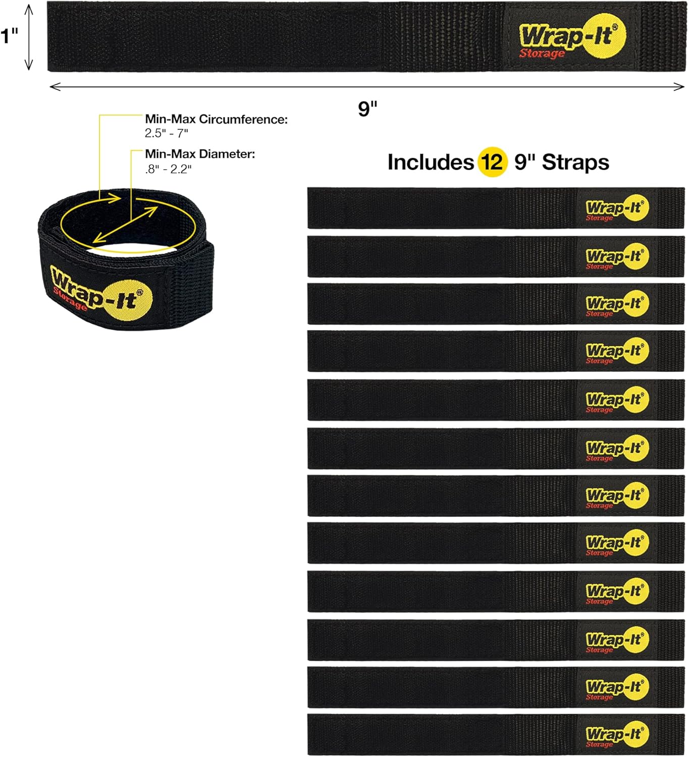 Quick-Straps by Wrap-It Storage – 9” (12-Pack) Black - Hook and Loop Straps for Hose and Cord Storage and Organization