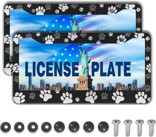 License Plate Covers Black and White License Plate Frames Paw Print Dog Cat Universal Aluminum Car Accessory 2 Pack with Screw Covers Set