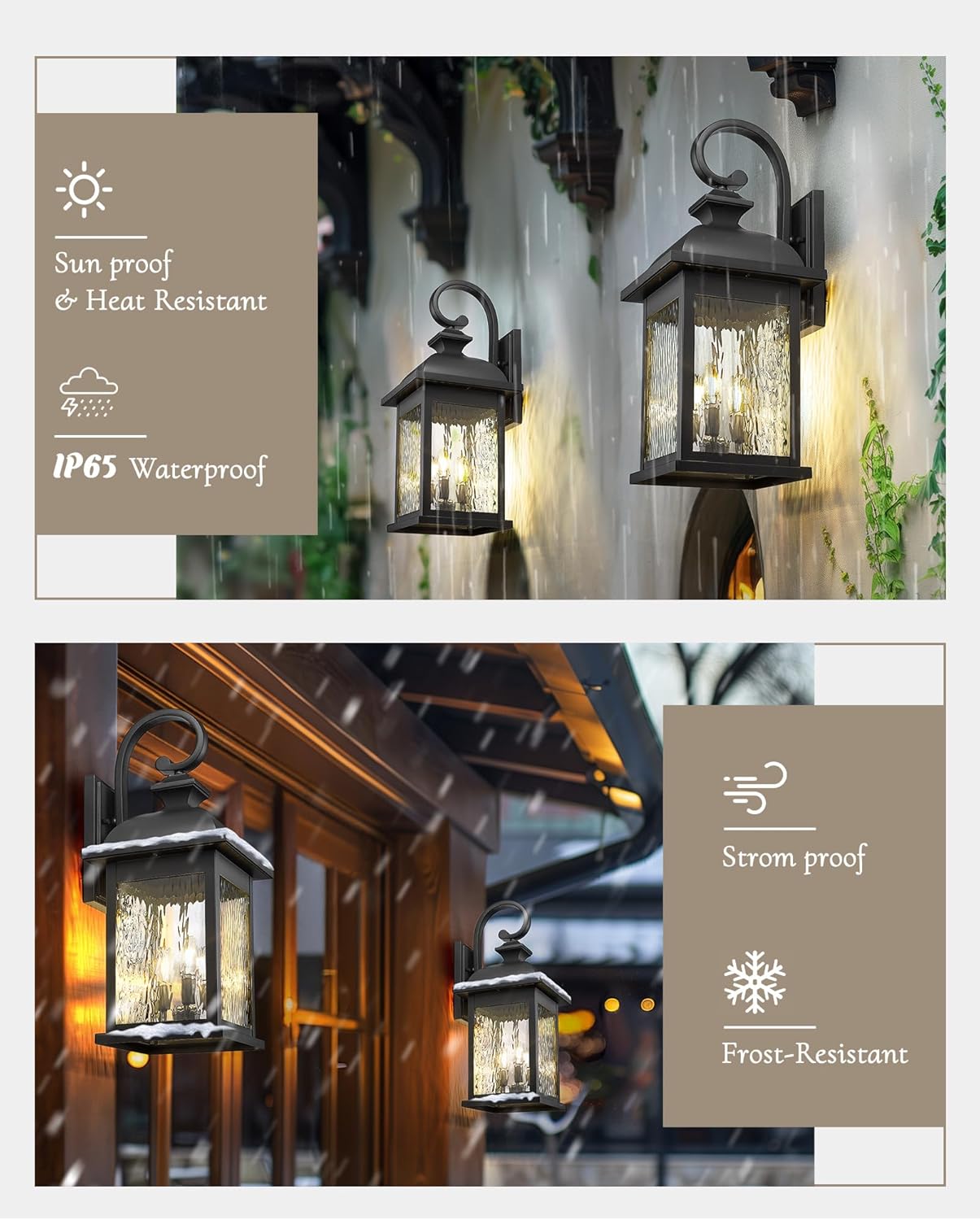 FEMILA 26" Outdoor Wall Light, Large Exterior Wall Lantern with Water Ripple Glass, 3-Light Outdoor Wall Light Fixtures for Entryway, Patio, Garage, and Doorway, E12 Base, 4FD54B-L BK