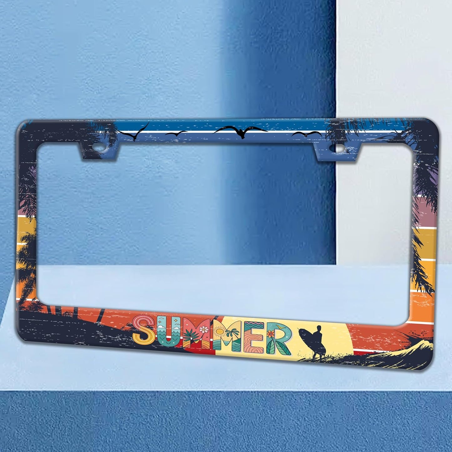 Summer Beach License Plate Frame Palm Trees License Plate Holders Funny Stainless Steel Auto Accessory Bracket 2 Hole with Screws Universal Us Car License Plate Frames 6x12 Inch for Women Men