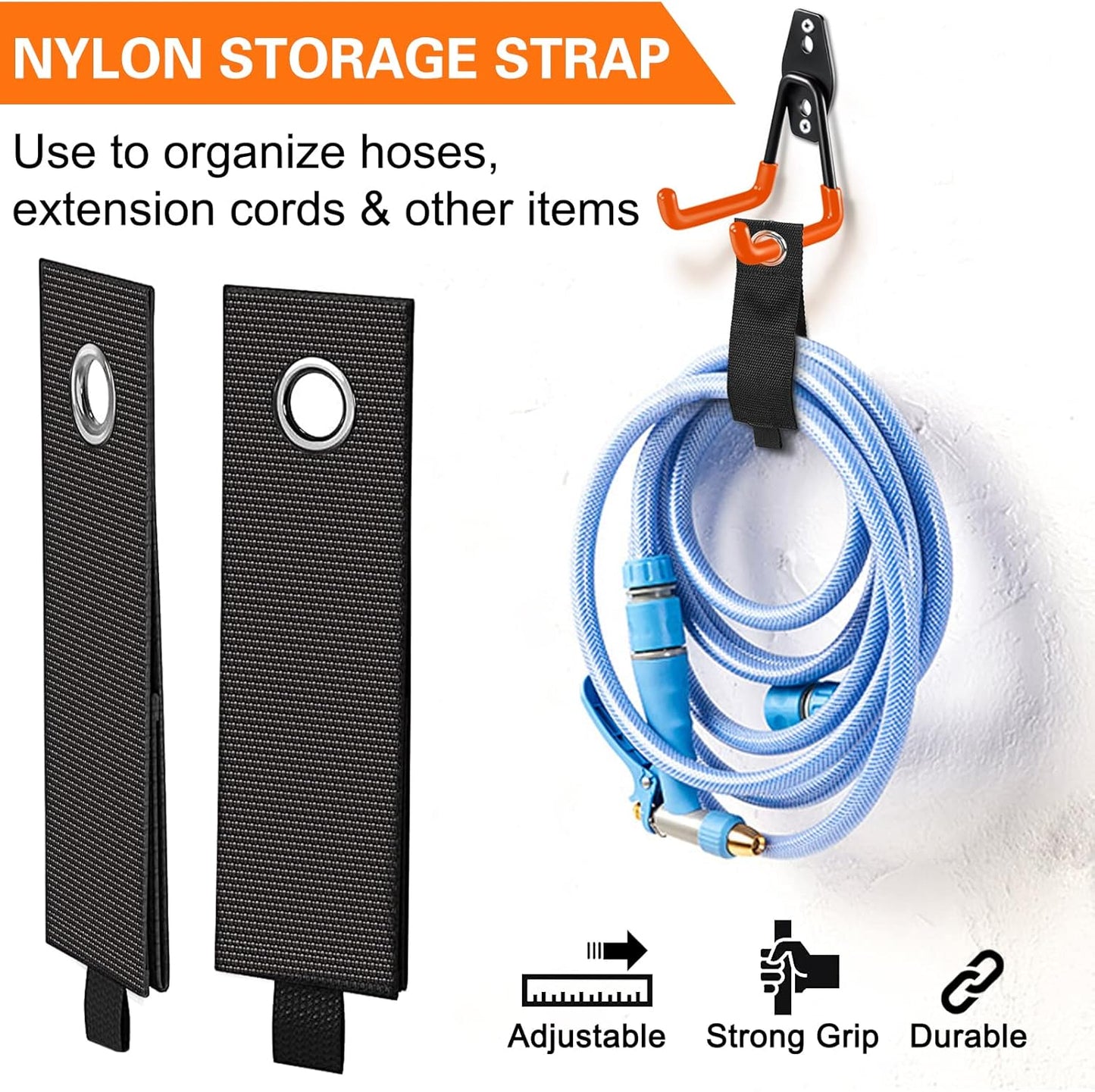 Heavy Duty Garage Hooks 4 Pack, 7.7 inch U Shaped Long Hanger, with 2 Extension Cord Holder Organizer, Wall Mounted Storage System, for Power and Garden Tool Hanging， Ladders, Bikes, Hose