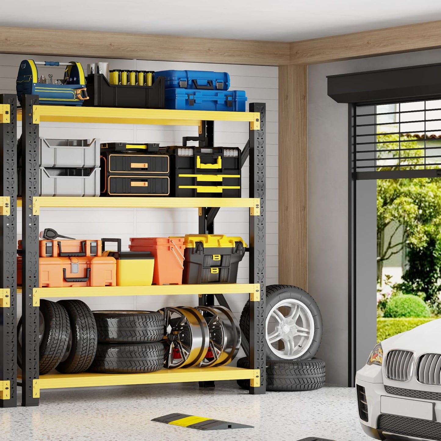 5000LBS Heavy Duty Garage Shelving 59" W Garage Storage Shelves 4-Tier Metal Garage Shelving Adjustable Shelf Unit Storage Rack for Basement Supermarket Warehouse 59" W x 24" D x 78" H Yellow