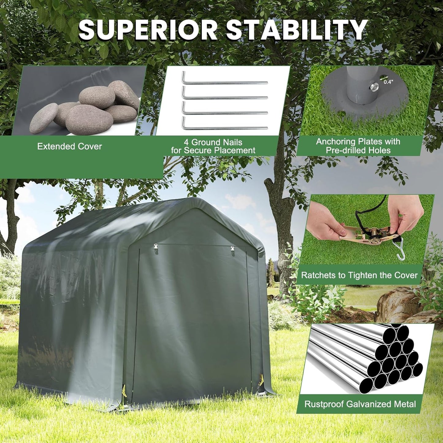 Tangkula 8x6.5Ft Portable Shed, Outdoor Storage Shelter with Waterproof Cover & Roll-up Zipper Door, Ratchet Strap, Heavy Duty Portable Storage Tents for Outside, Bikes, Garden Tools, Motorcycles