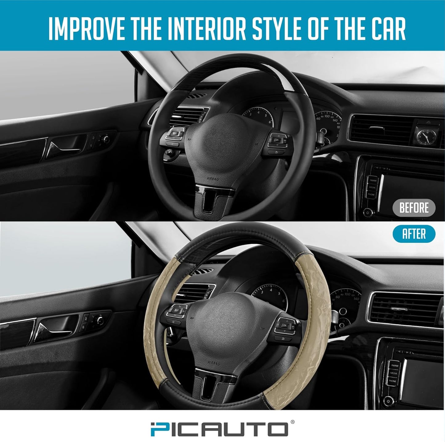 PIC AUTO Steering Wheel Cover, Silk Grain Leather Car Steering Wheel Protector, Comfortable Grip, Universal 14.5-15.5 Inch Anti-Slip Steering Wheels Accessories for Men & Women (Beige)