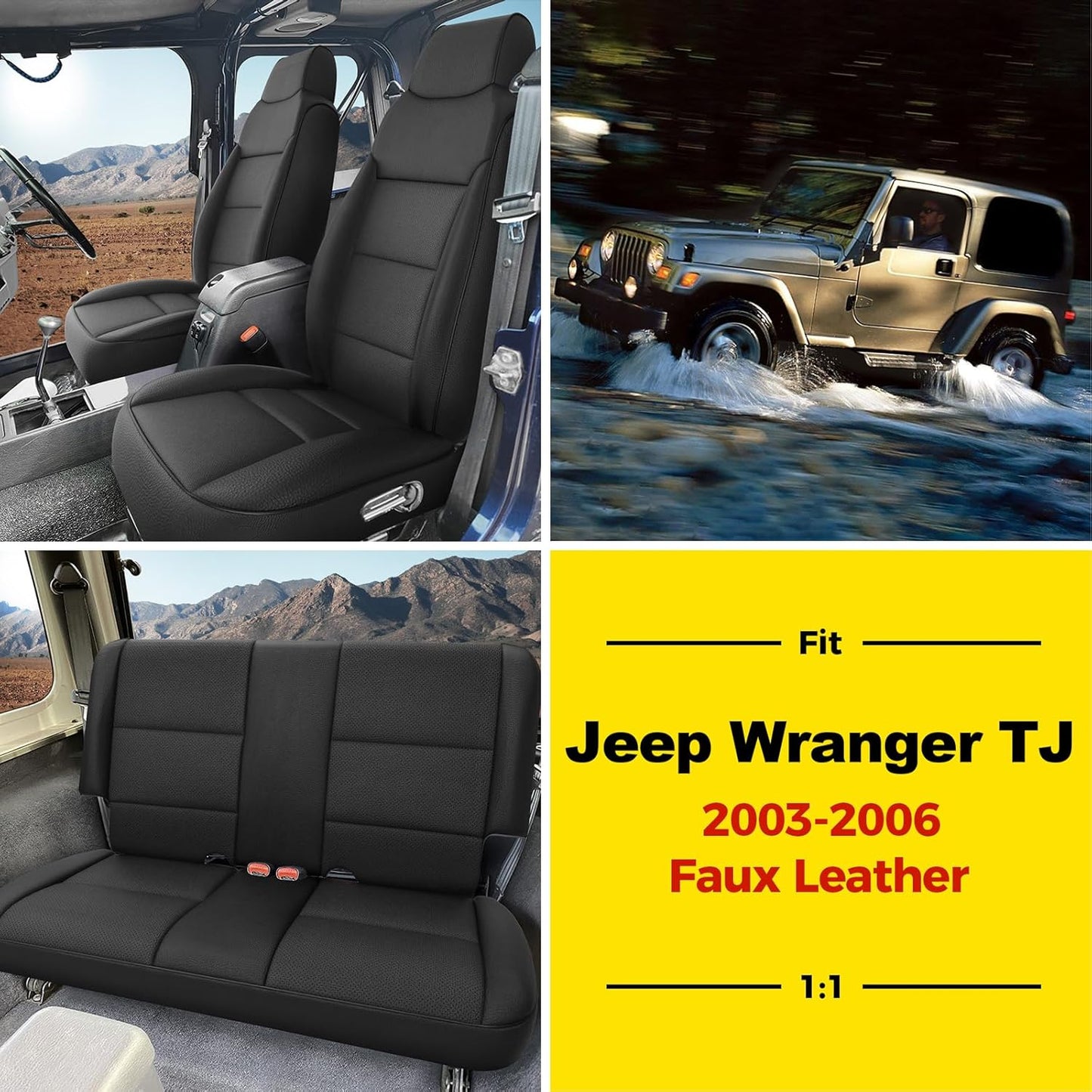 GIANT PANDA Full Set Car Seat Covers Customized Jeep Wrangler TJ Rubicon Sahara Sport X Unlimited 2003 2004 2005 2006, Faux Leather (Black)