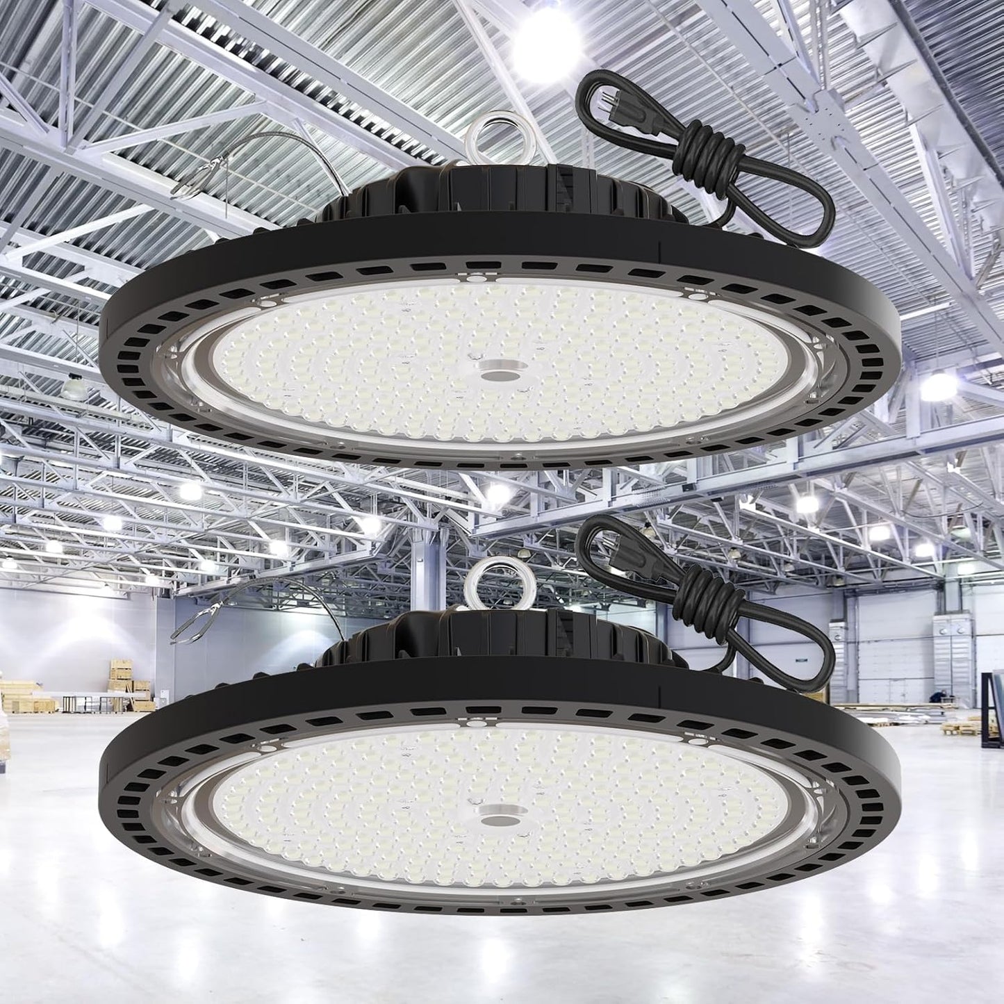 2 Pack UFO LED High Bay Light 200W, 29000 LM, 5000K with 5ft Power Cord, US Plug, Bright LED Shop Light for Basement Commercial Factory Garage Lighting, IP66 Waterproof, AC110-277V, ETL Listded