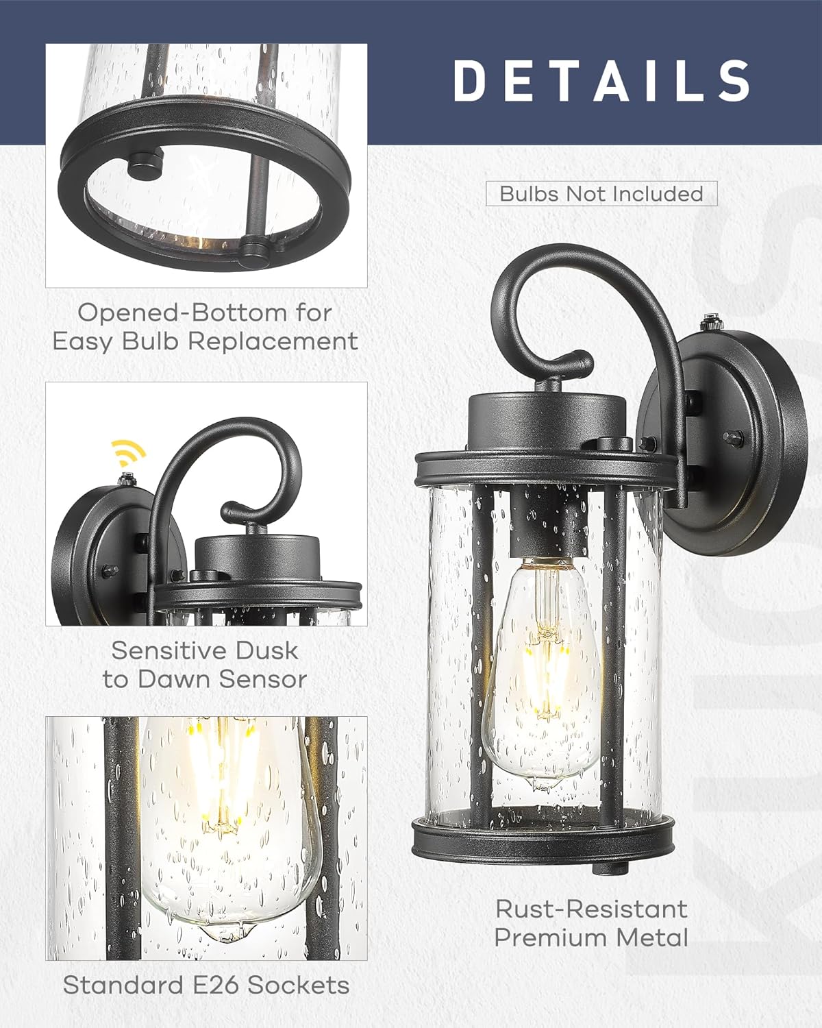 kudos Dusk to Dawn Outdoor Lighting, 12.5 inch Porch Lights Outdoor, Anti-Rust Waterproof Cylinder Wall Light for Patio, Garage, Black with Seeded Glass, KDOWL01-BK-LC