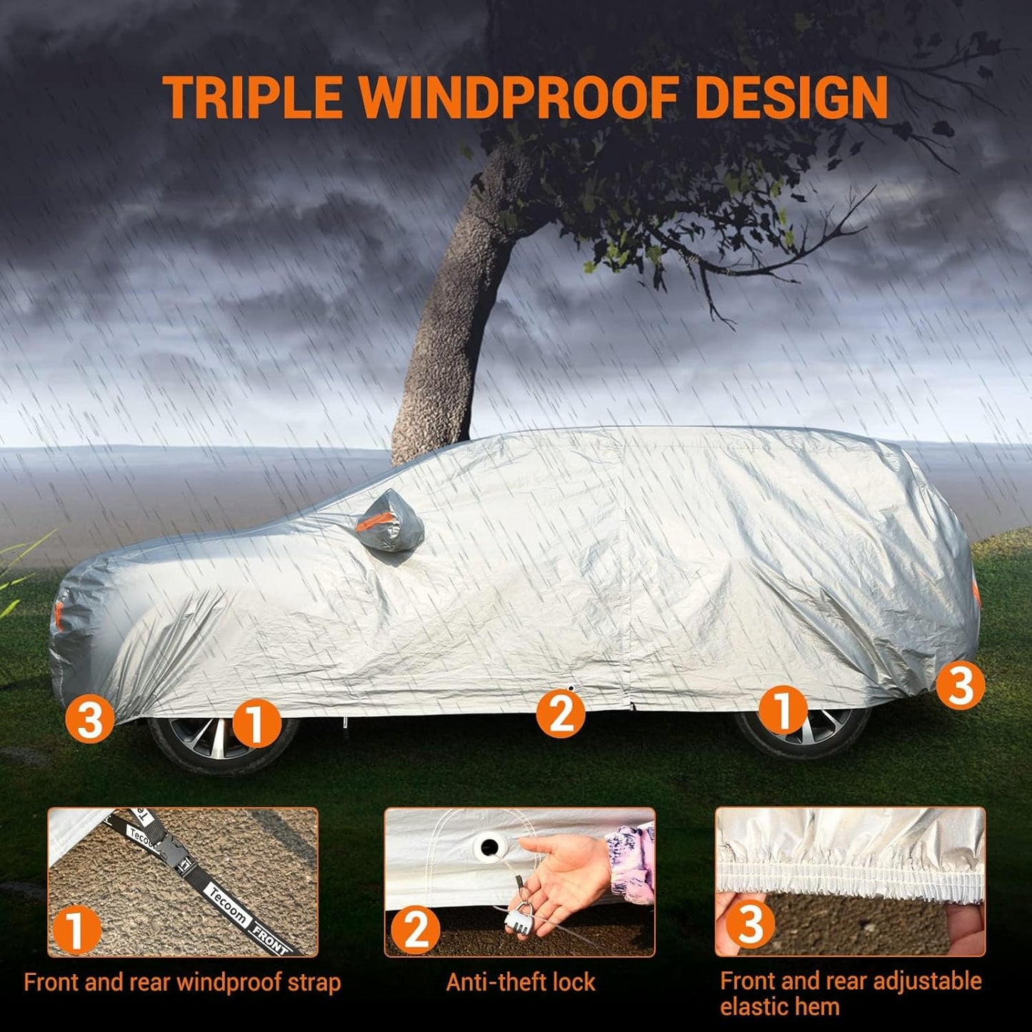 Tecoom SUV Car Cover Waterproof All Weather, Fleece Lining Car Covers for Automobiles with Zipper Door Lock, Wind Snow Proof Sun UV Protection Outdoor Winter Full Car Cover Fit for 216-230 Inch SUV