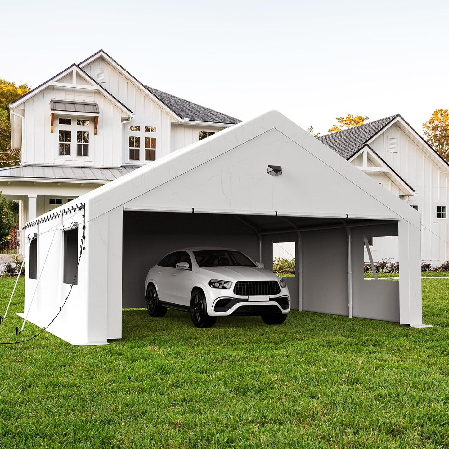 20x20 Carport, Heavy Duty Carport Canopy Garage with Removable Sidewalls and Drive Through Roll Up Zipper Doors, White