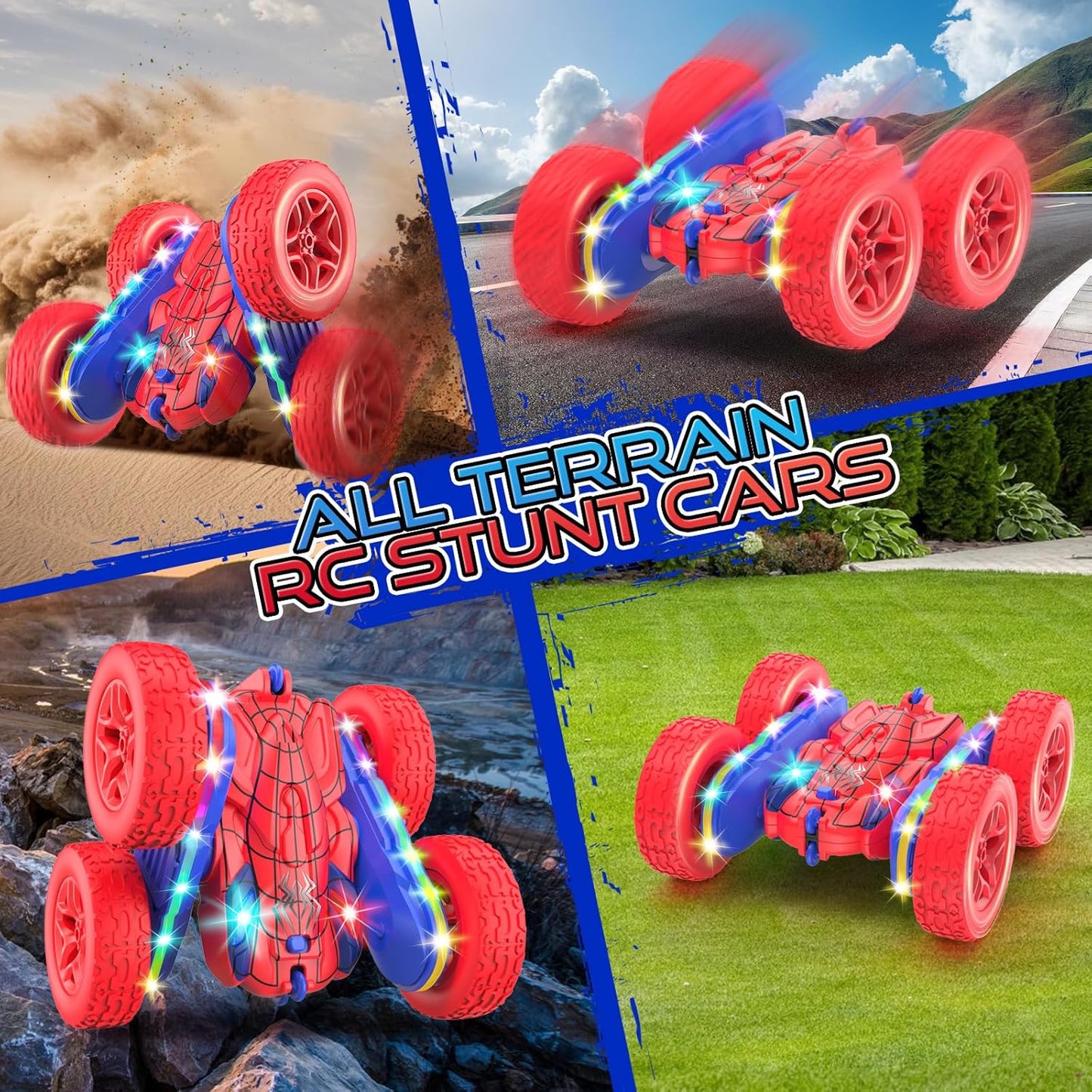 Remote Control Car Spider Rc Cars New Upgraded Strip Lights and Headlights Car Toys Double-Sided 360° Rotating Rc Truck for Boys Girls Birthday Gift (Red)