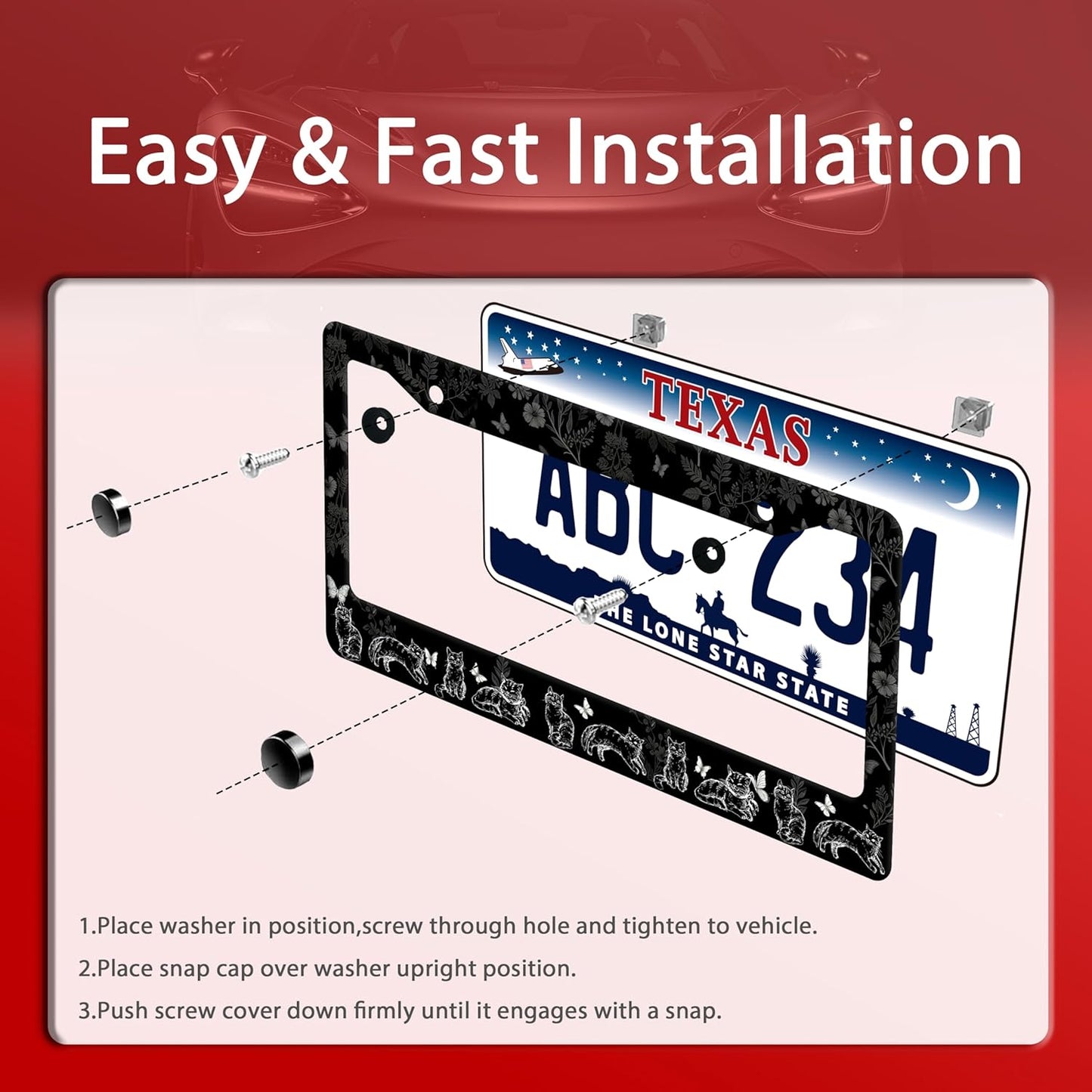 Black White Cat License Plate Frame Butterfly Floral License Plate Frames Funny Auto Accessories Bracket Stainless Steel License Plate with Screws 6x12Inch