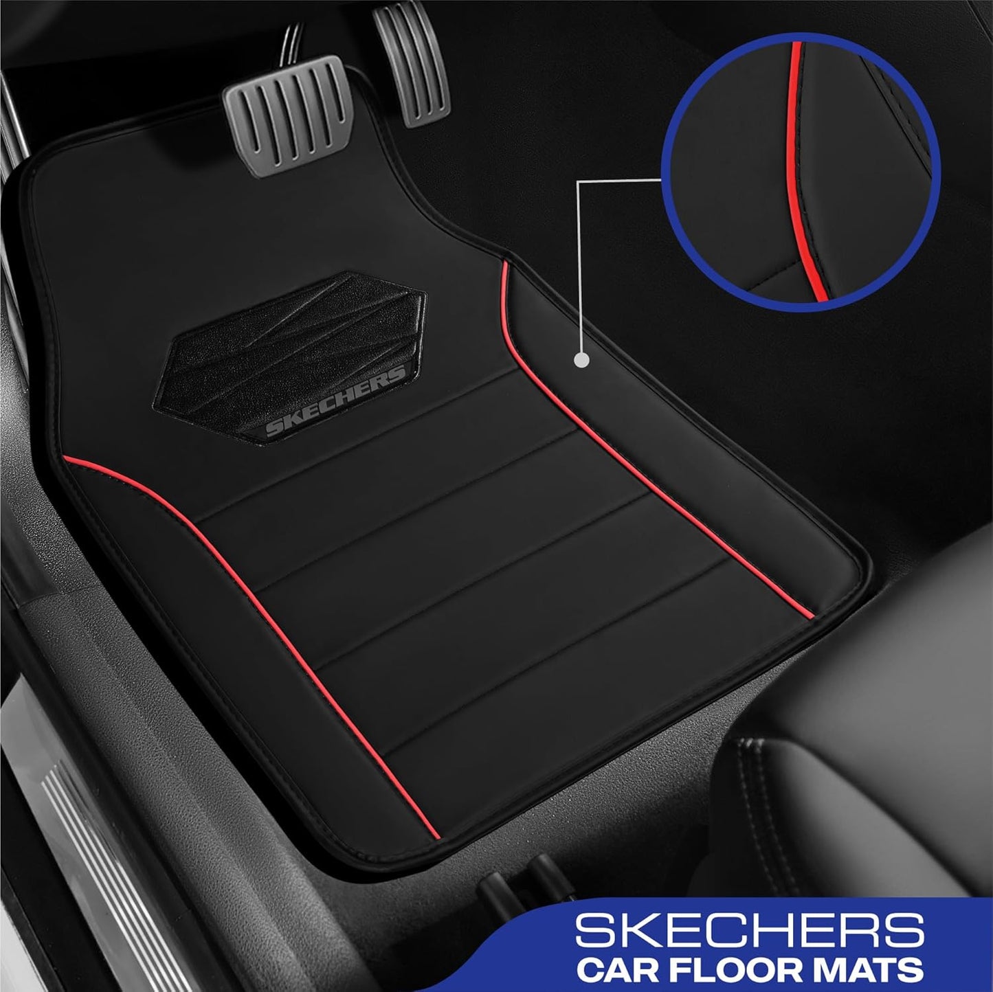 Skechers Memory Foam Car Mats,Leather Piping Floor Mats with Anti-Slip Pad,Universal Waterproof Fit Automotive Floor Mats for SUV,Vans,sedans,Trucks,Full Set 4pcs Red