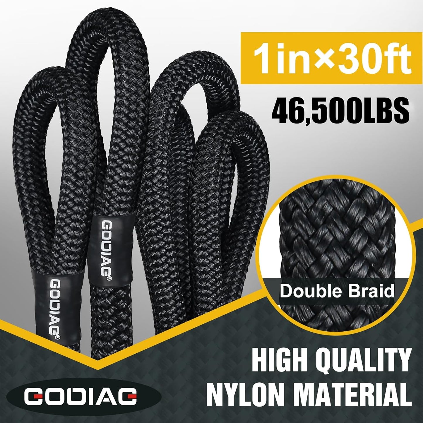 GODIAG 1"×30ft Kinetic Recovery Tow Rope (46500lbs) Heavy Duty Energy Rope with 2 Soft Shackles, 30% Elasticity Offroad Power Strap for Truck Jeep Car ATV UTV Tractor
