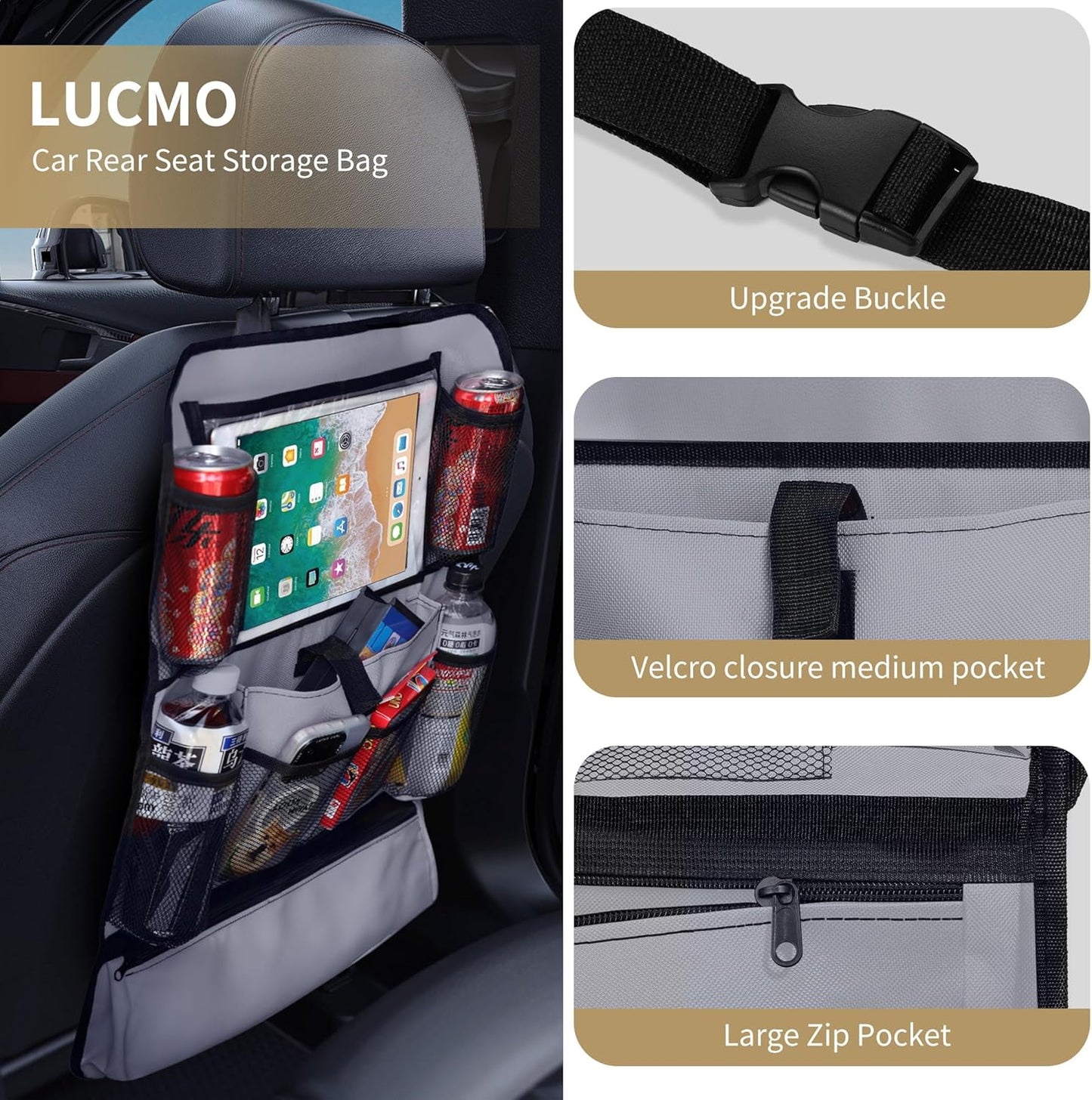 LUCMO Car Backseat Organizer with Touch Screen Tablet Holder-2 Pcs,9 Storage Pockets Car Storage Organizer Protectors Kick Mats Travel Accessories for Kids-Grey