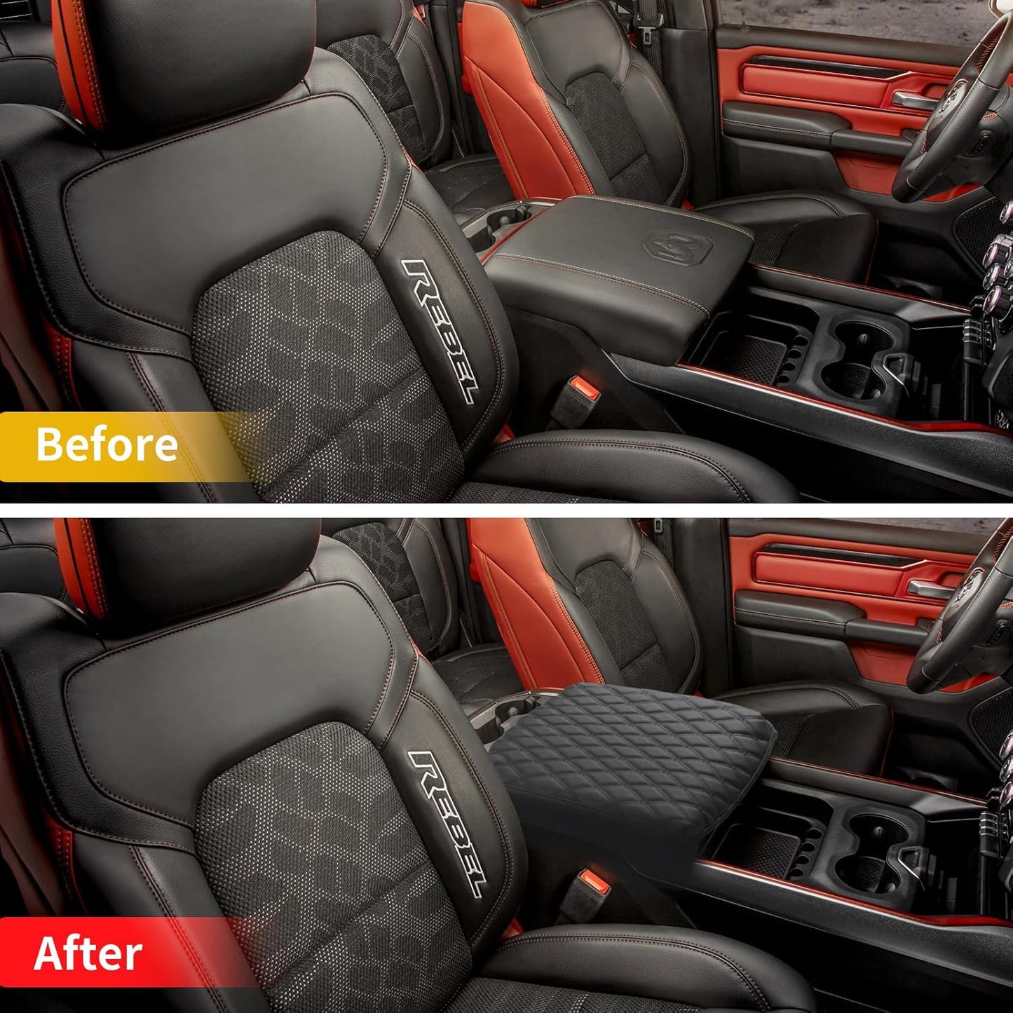 GIANT PANDA Custom Fit Center Console Cover for Dodge RAM 2009-2023 with Bucket Console- Waterproof Faux Leather Armrest Center Cover - Full Protection - Black