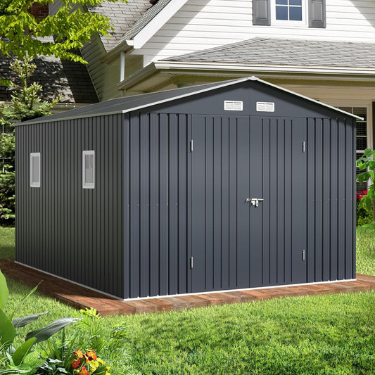 Outdoor Storage Shed 10X12FT with Frame Floor,Utility Tool Shed Metal Storage Garden Shed with Lockable Doors & Windows for Patio Storage, Midnight Blue