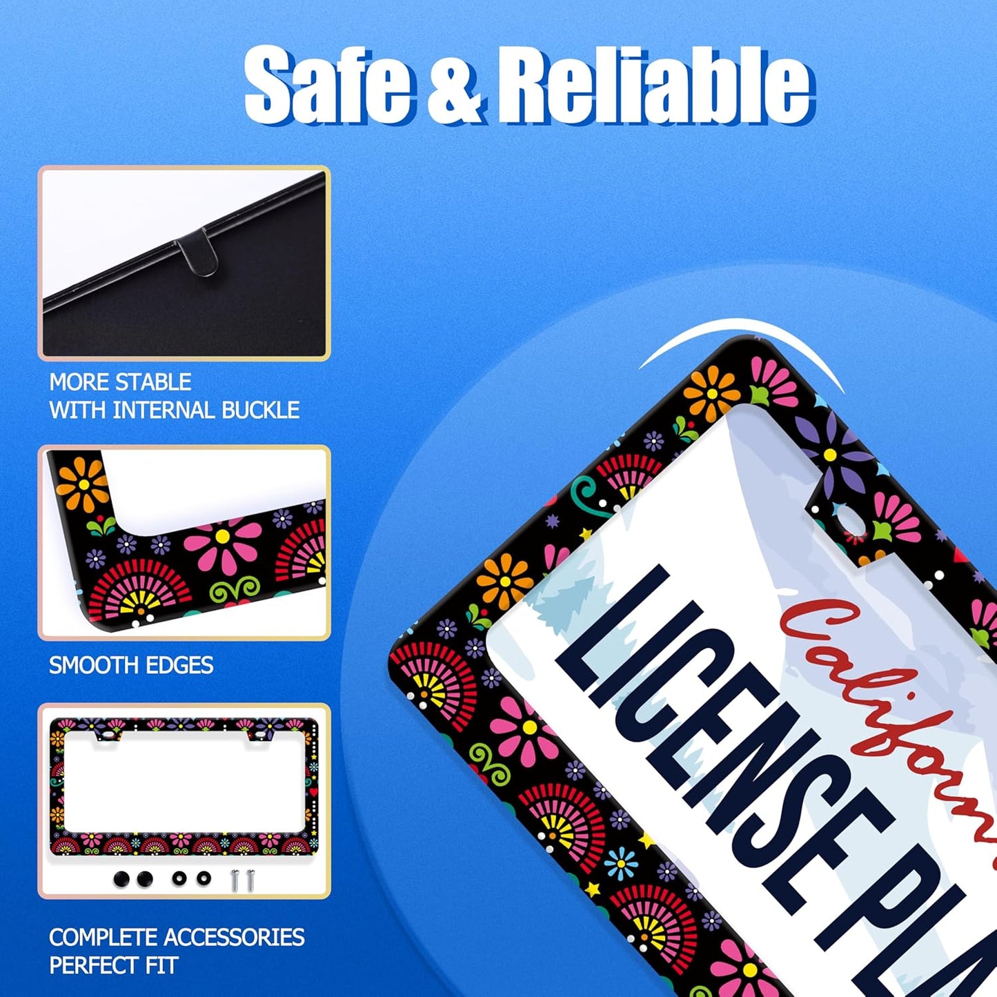 Folk Flowers Vintage Floral License Plate Frame Flower License Plate Stainless Steel Funny License Plate Holder for Men Women Universal Colorful Car Accessories Decoration 12.3" x 6.3"