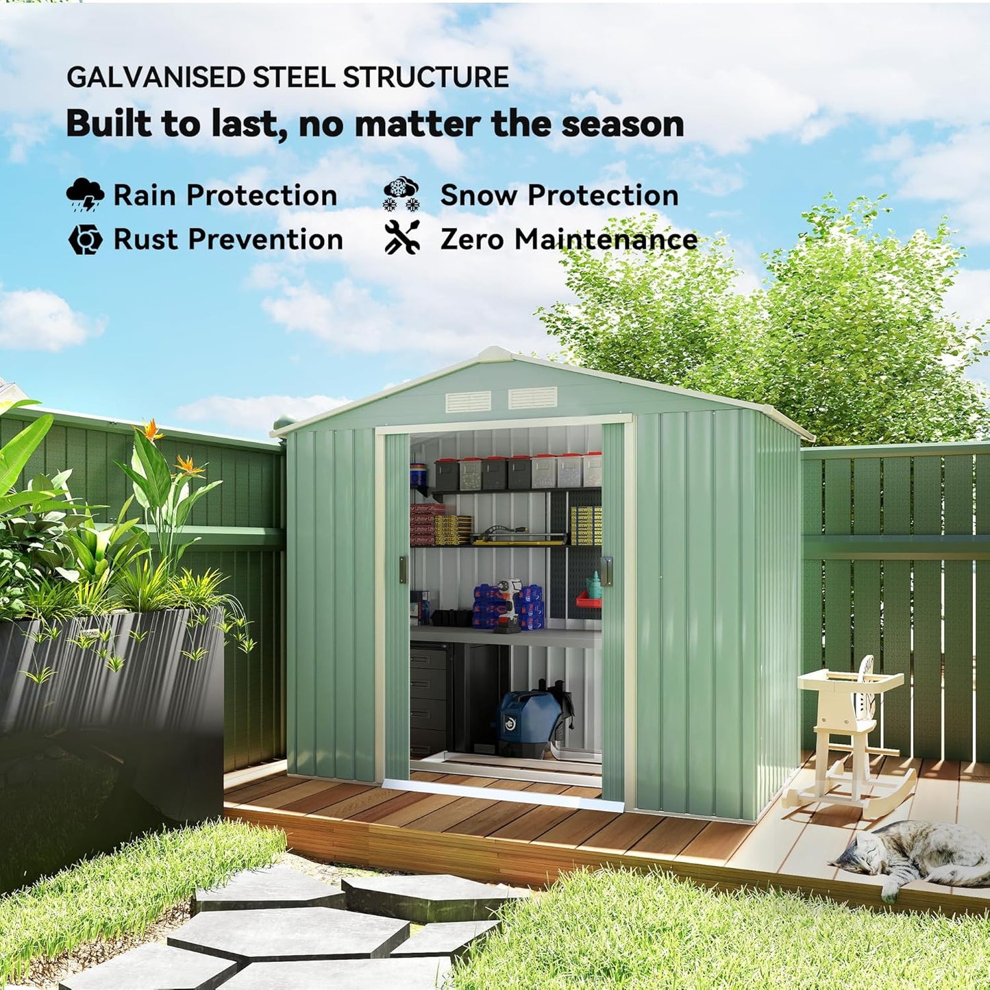 Outsunny 7' x 4' Outdoor Storage Shed, Garden Tool Metal Shed with Foundation Kit, Double Lockable Door, Air Vents and Sloping Roof, for Backyard, Patio, Lawn, Light Green