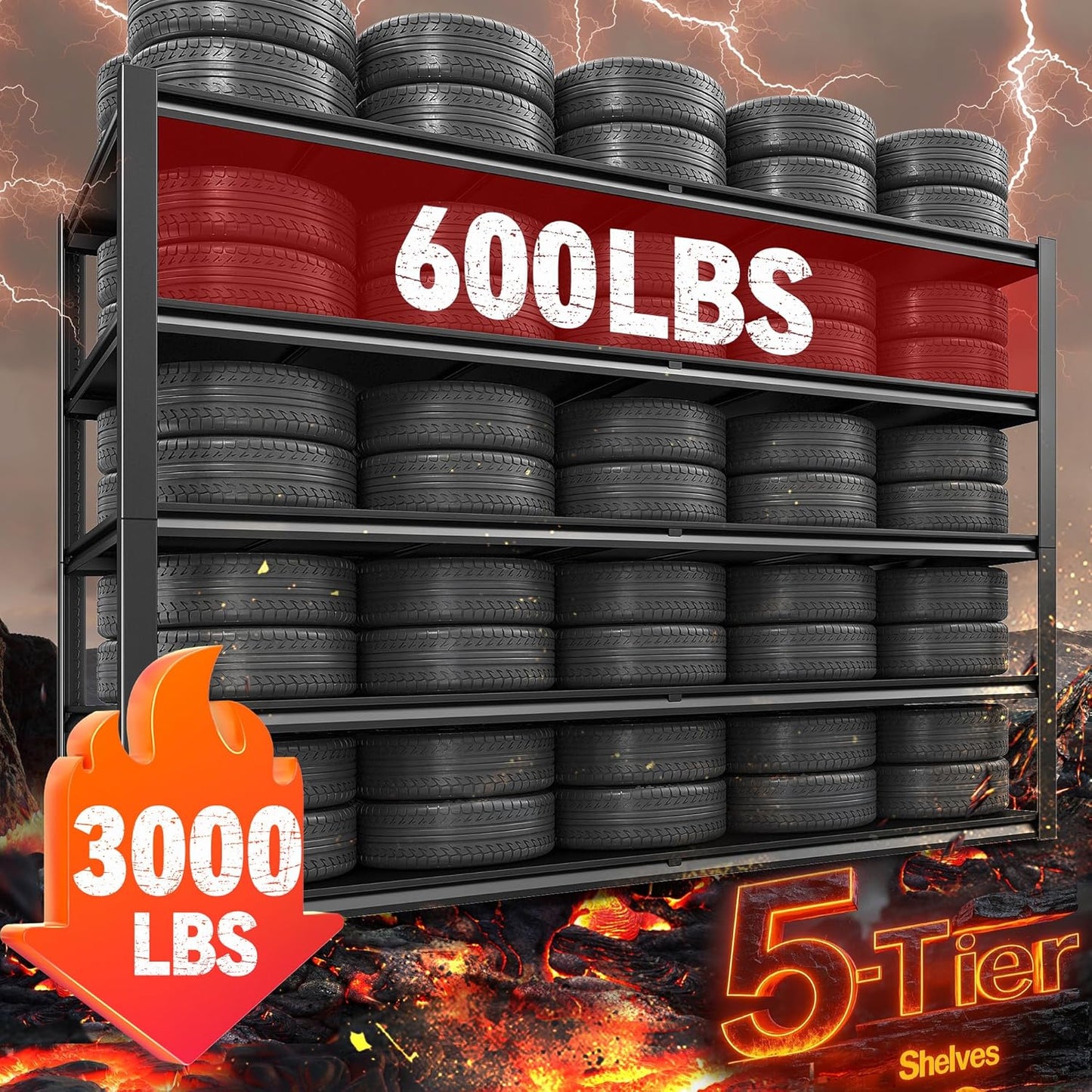 REIBII 78" H Storage Shelves, Garage Shelving Heavy Duty Load 3000LBS, Adjustable Garage Shelving, 5 Tier Metal Shelves Unit for Storage Rack, Basement, 55" W x 26" D x 78" H, Black, 4 Pack