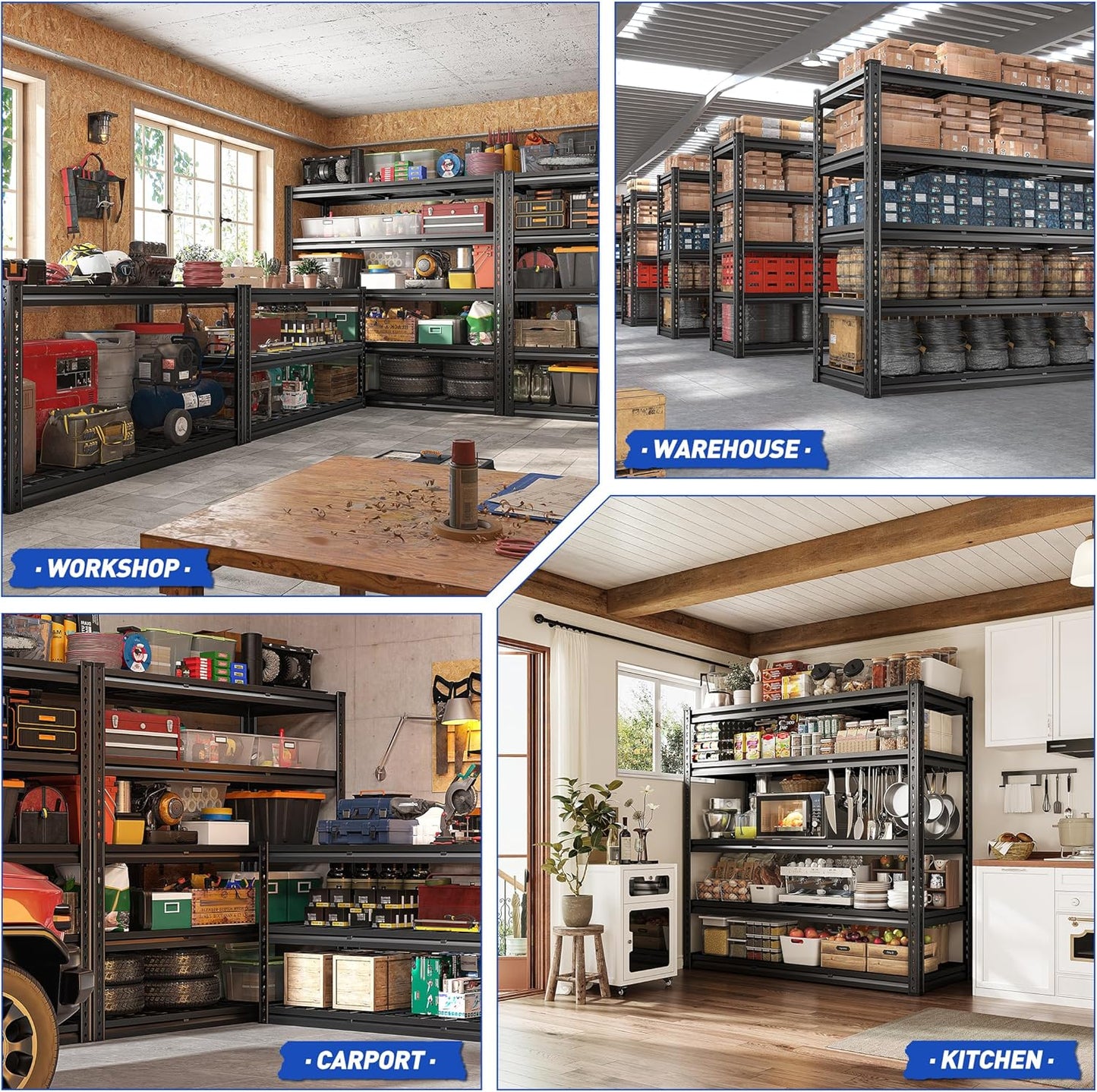 REIBII 48" W Garage Shelves, 5-Tier Garage Shelving Load 2750LBS, Adjustable Metal Storage Shelves, Wire Shelving for Basement, Warehouse, Workshop, Kitchen, 48" W x 18" D x 72" H