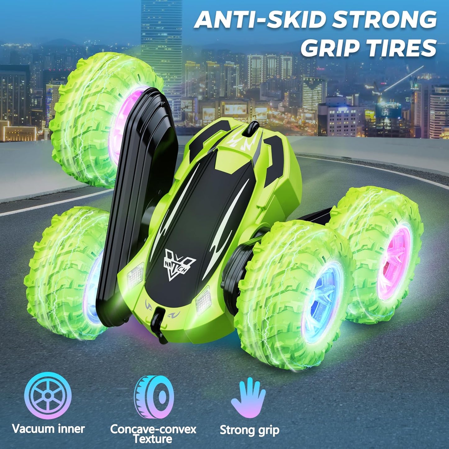 KKONES Remote Control Car, 2.4GHz Electric Race Stunt Car, Double Sided 360° Rolling Rotating Rotation, LED Headlights RC 4WD High Speed Off Road Gift for 3 4 5 6 7 8-12 Year Old Boy Toys (Green)