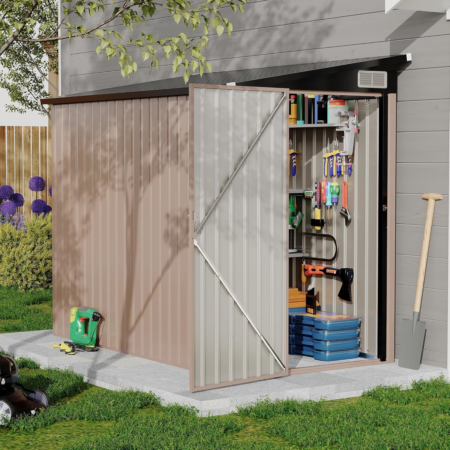 4' x 8' Outdoor Lean to Storage Sheds Outdoor, Heavy-Duty Lean to Garden StorageShed, Metal Wall Side Bike Shed & Outdoor Storage
