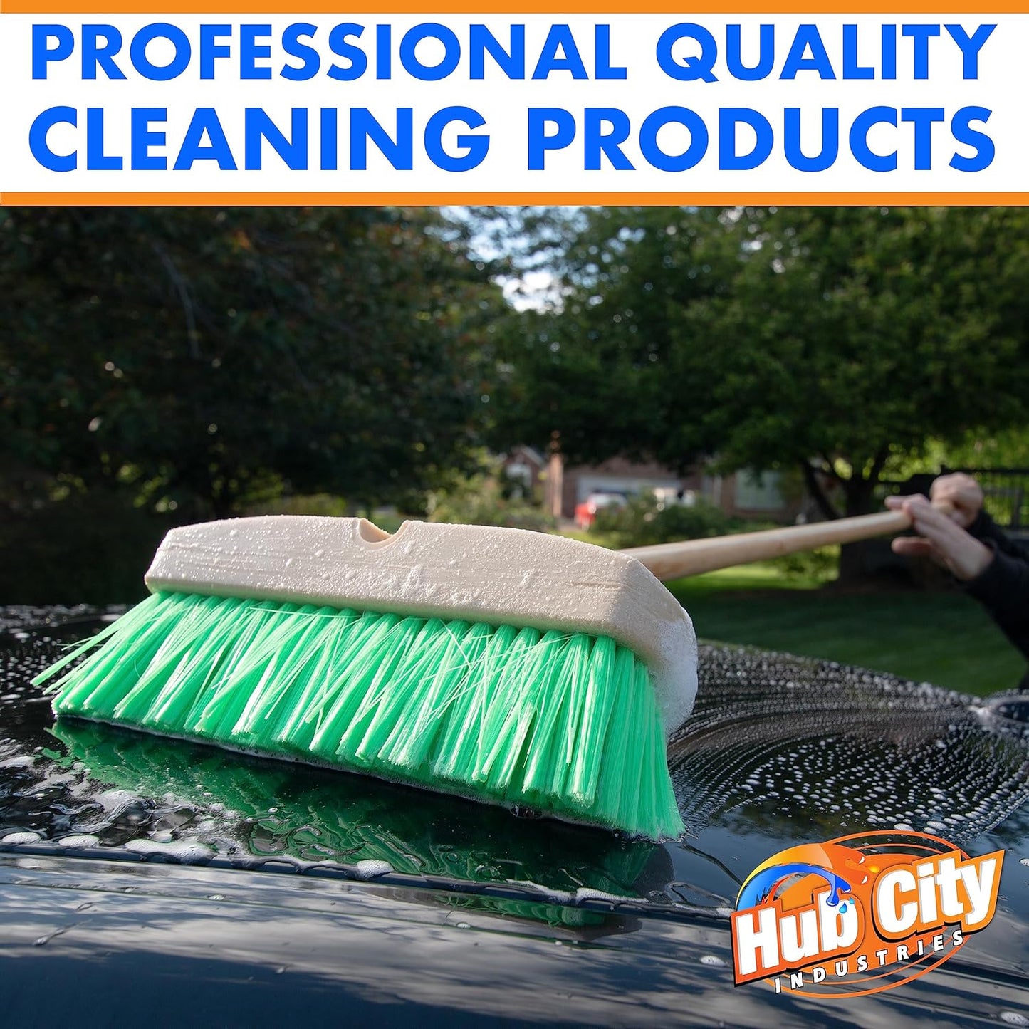 Hub City Industry 10- inch Car Wash Brush, Soft Nylon Bristle, car Accessories, Cleaning Supplies, Automotive wash Brush, Commercial Vehicle Scrub Brush, Flagged Green Poly Bristle