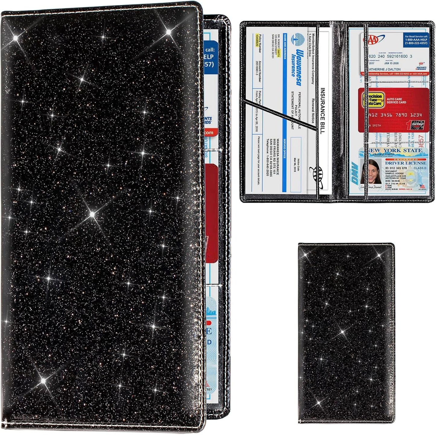 TOURSUIT Car Registration and Insurance Card Holder, Vehicle License Document Glove Box Compartment Organizer, Interior Car Accessories for Women Men Teens (Glitter Black)