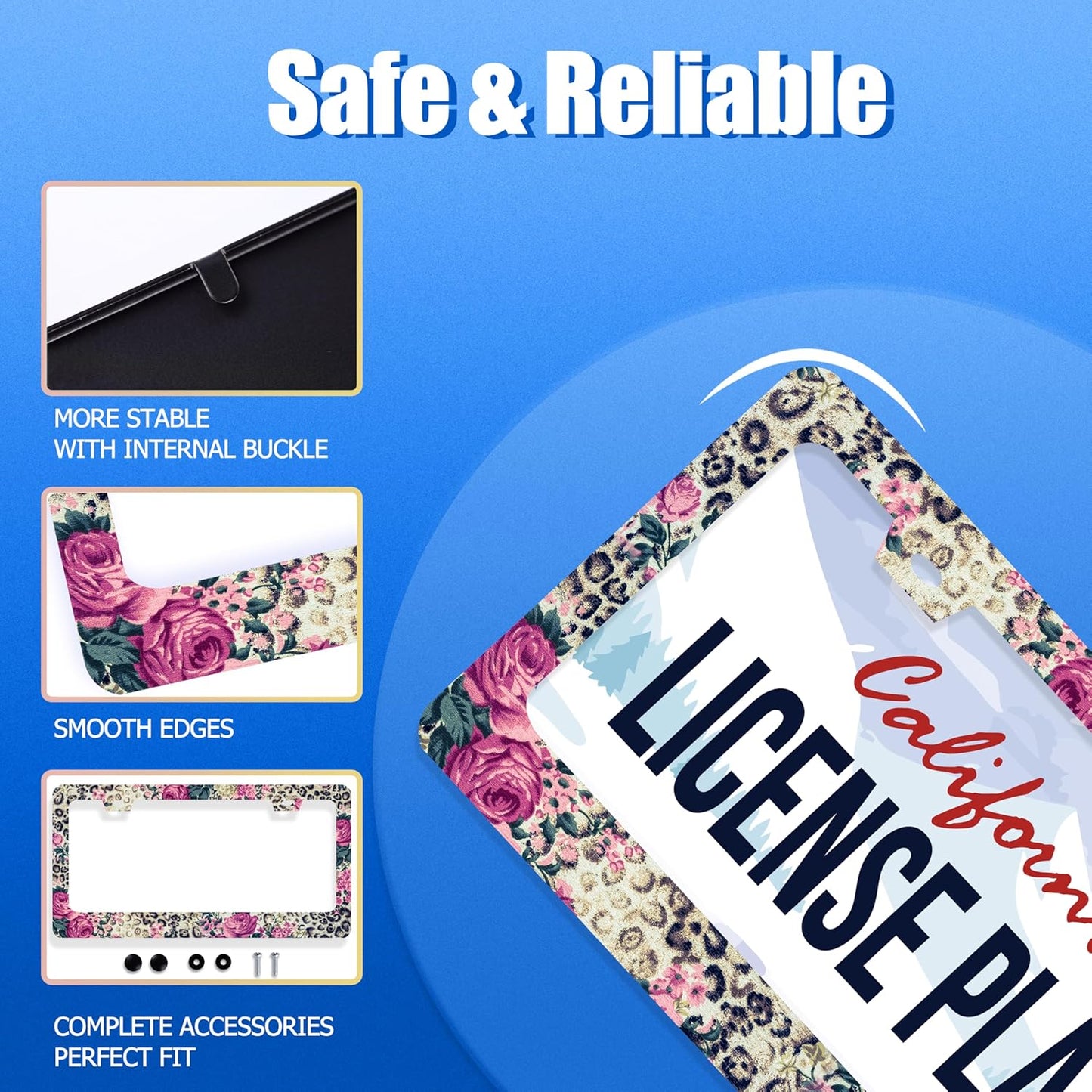 Rose Leopard Print License Plate Frame Vintage Floral License Plate Stainless Steel Funny License Plate Holder Cheetah Car Accessories Decoration with Screws Fits Standard Vehicles Size 12.3" x 6.3"