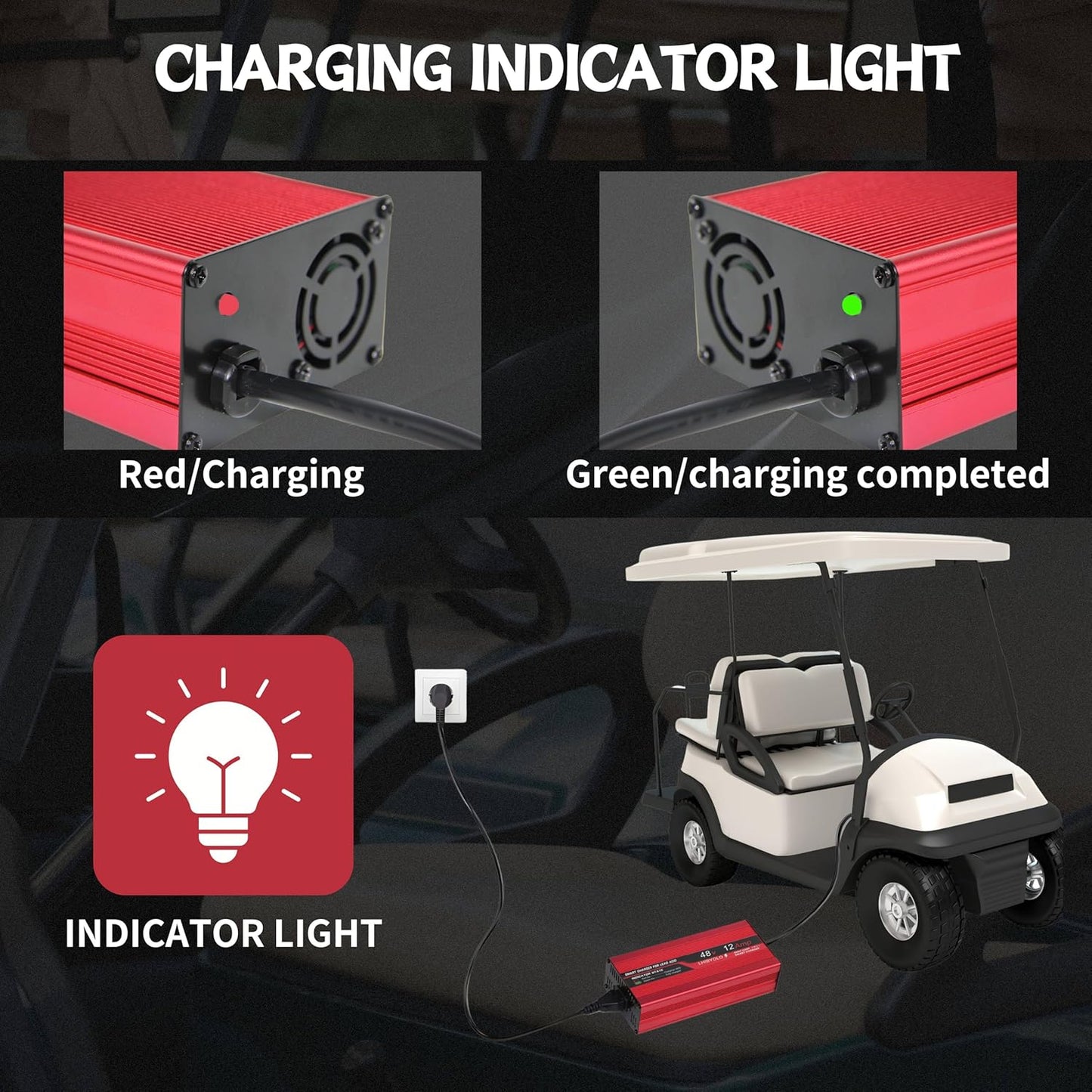 48V Golf Cart Battery Charger for 12A Club Car,with 3 Pin Round Plug, 12 Amp Golf Cart Battery Charger 48 Volt Club Car Charger,16FT