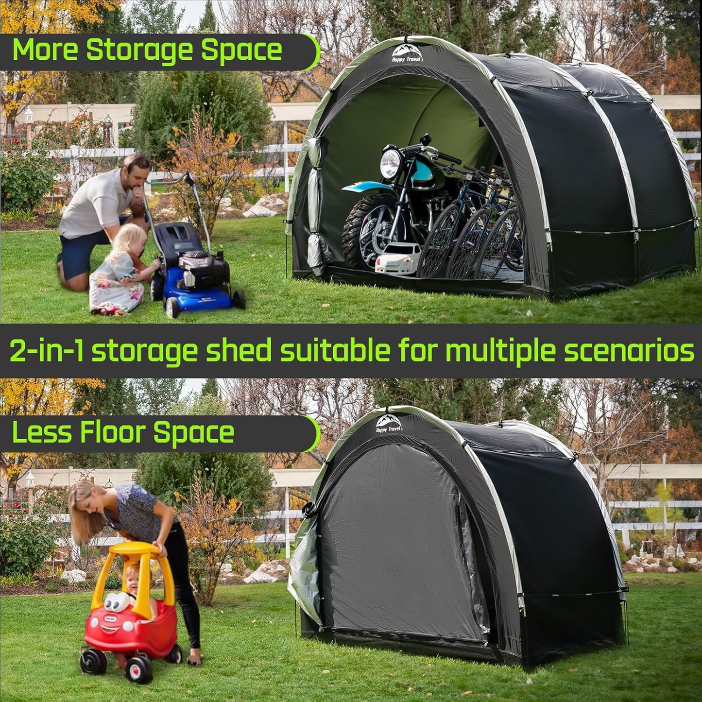 Happy Travel Bike Storage Tent Shed, Outdoor Waterproof Bicycle Covers Shelter with Window for 2/3/4/6/8 Bikes,Oversized Outside Portable Sheds for Lawn Mower,Garden Tools