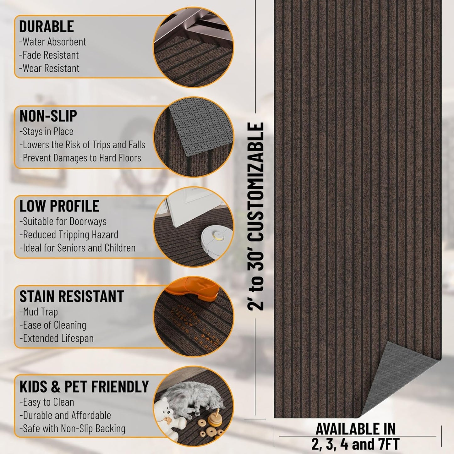 Ottomanson 2'7" x 26' Hallway Runner with Scraper Pile - Extra Durable Non-Slip Rug Mat for Indoor & Outdoor Use - Ideal for Kitchen, Entryway & Garage - High-Traffic Carpet, Brown