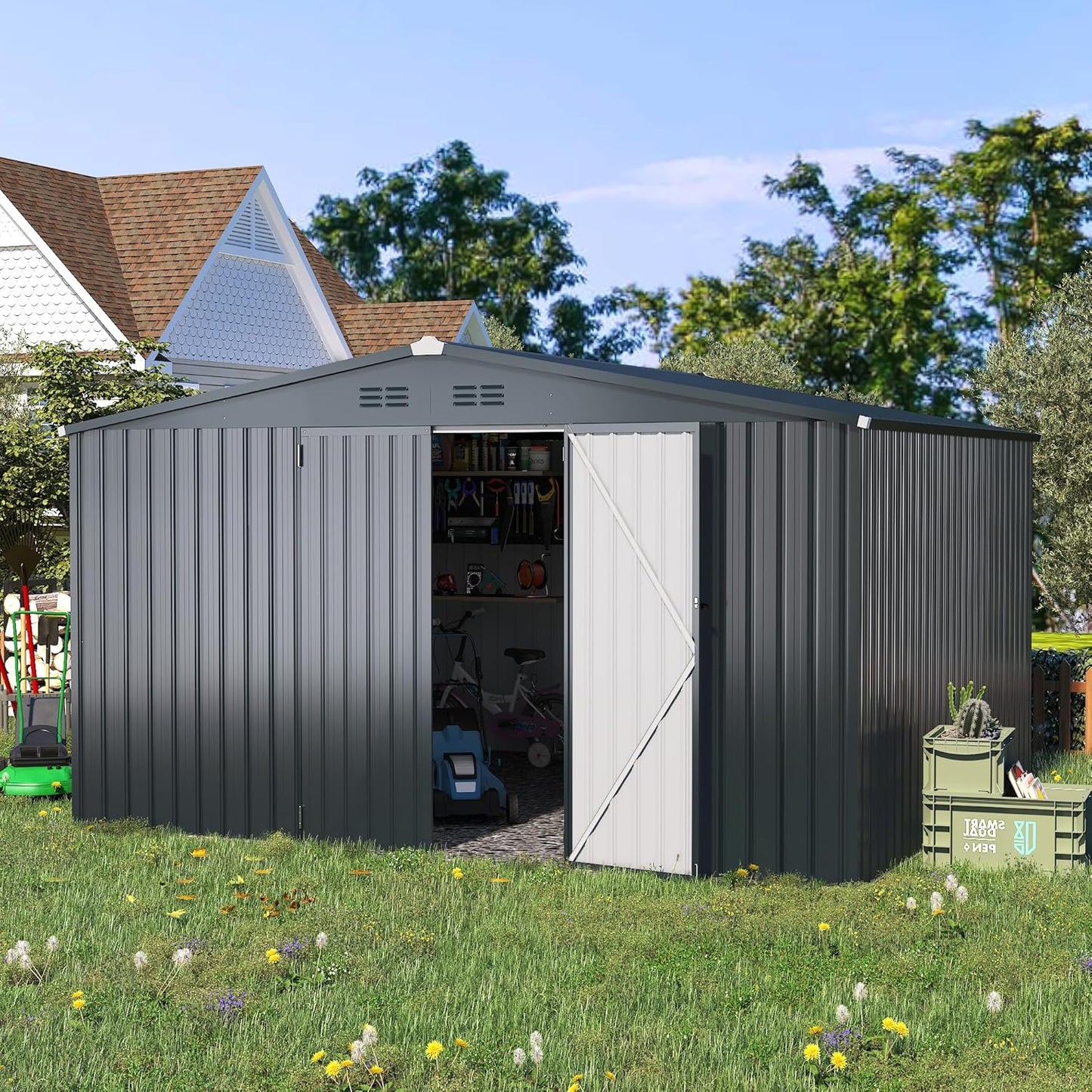 AECOJOY 12' x 10' Outdoor Storage Shed, Dark Grey Large 10x12 Sheds & Outdoor Storage Clearance with Lockable Doors, Utility and Tool Storage Garden Shed Backyard, Patio and Outside use