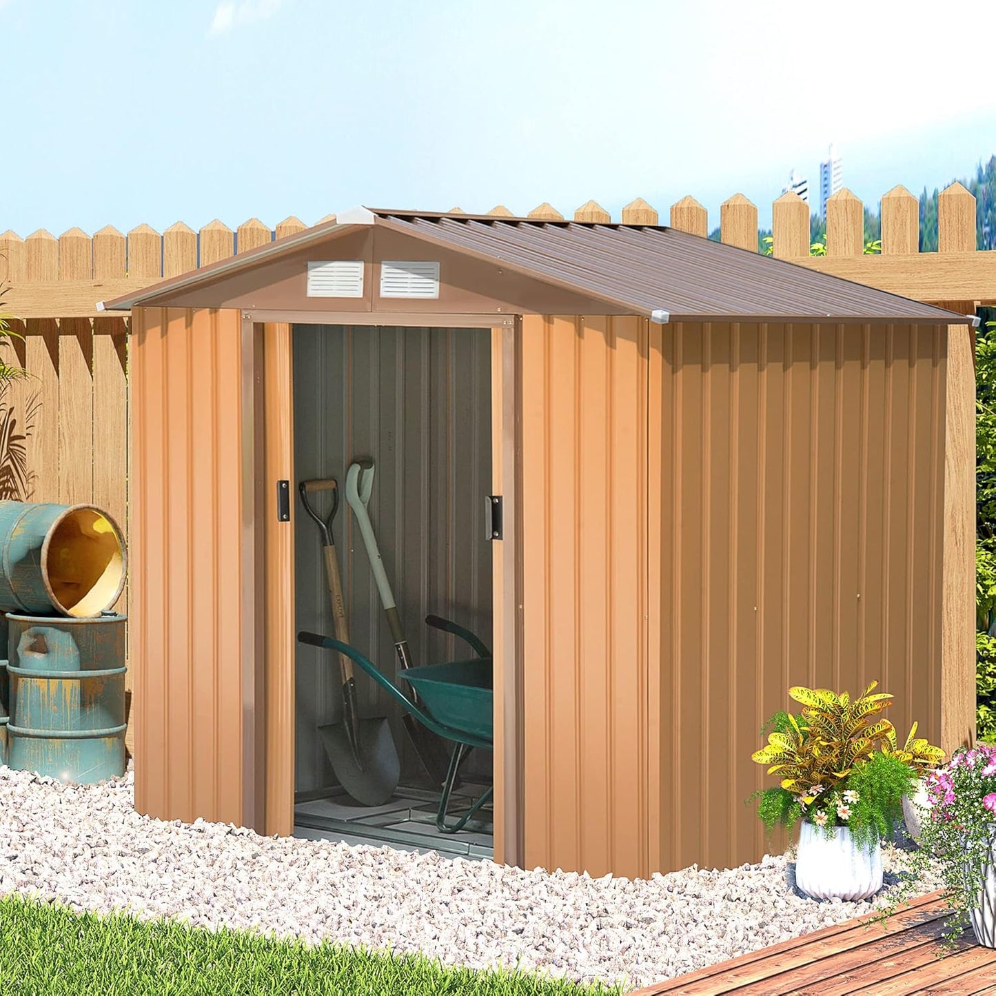 Outsunny 7' x 4' Outdoor Storage Shed, Garden Tool Metal Shed with Foundation Kit, Double Lockable Door, Air Vents and Sloping Roof, for Backyard, Patio, Lawn, Yellow