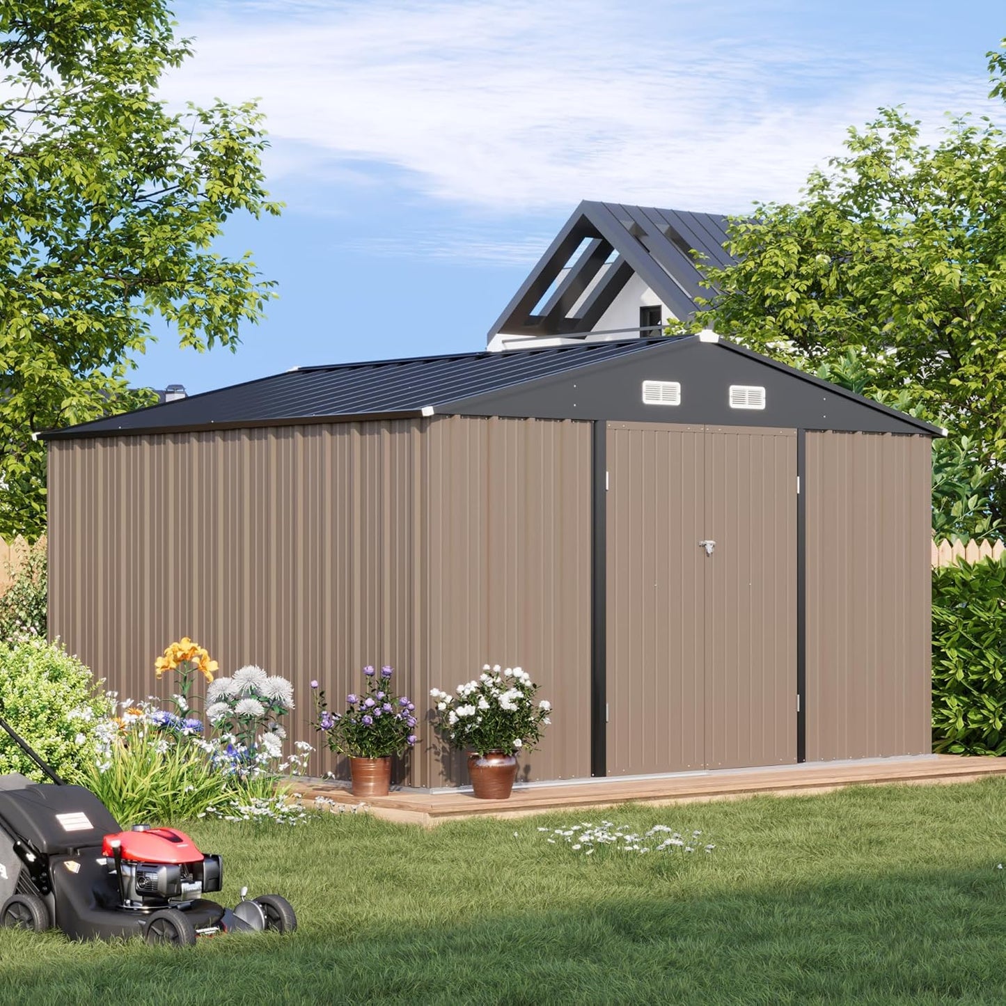 Patiowell 10 x 10 FT Outdoor Storage Shed,Metal Yard Shed with Design of Lockable Doors, Utility and Tool Storage for Garden, Patio, Backyard, Outside use,Brown
