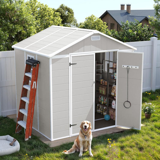 UDPATIO Resin Storage Shed 8 x 6 FT, Outdoor Garden Sheds with Floor Plastic Patio Outdoor Storage Shed with Lockable Door, Sandstone