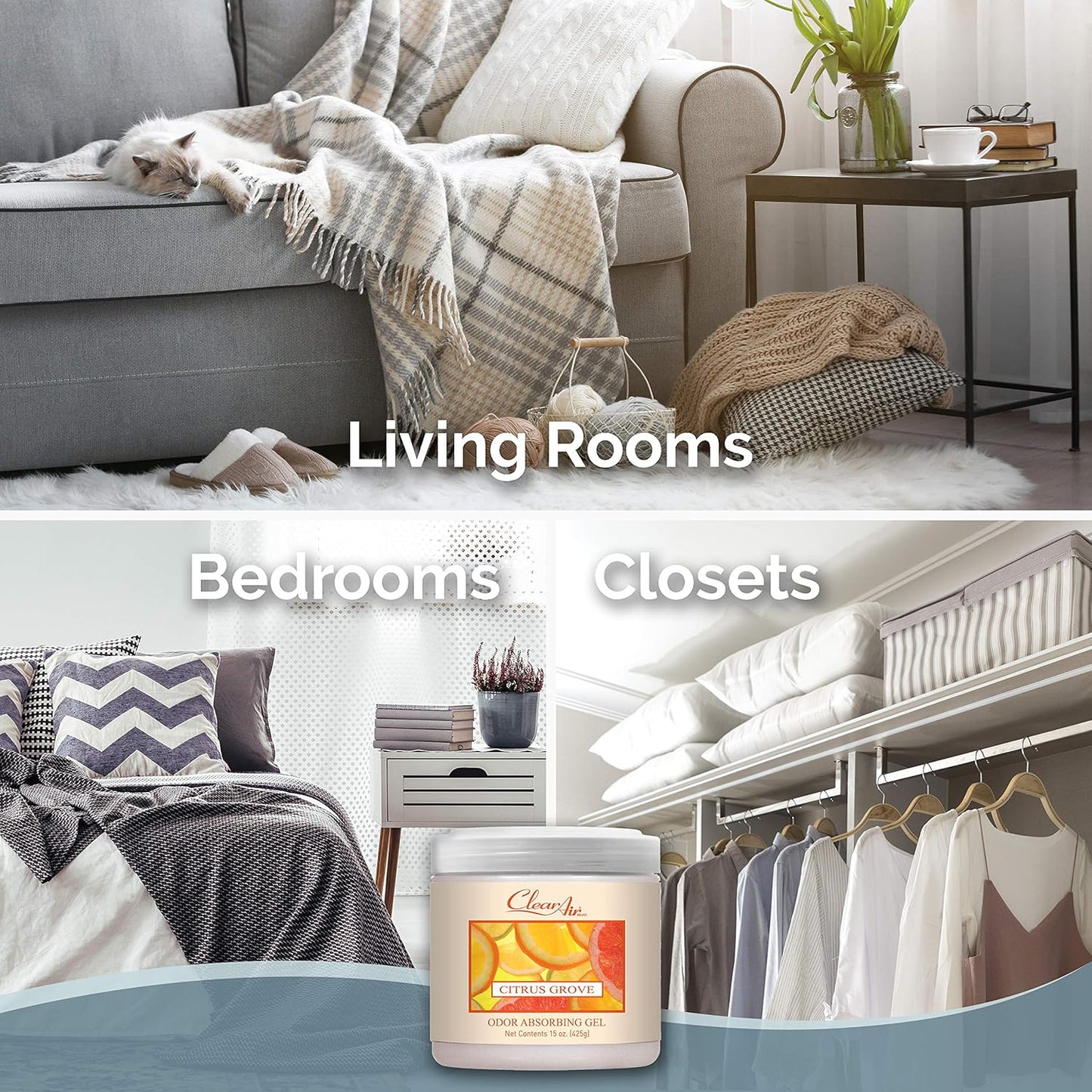 Clear Air Odor Absorber Gel - 15 oz, Pack of 2 - Air Freshener Absorbs and Eliminates Odors in Bathrooms, Cars, Boats, RVs and Pet Areas - Made with Essential Oils - Citrus Grove Scent