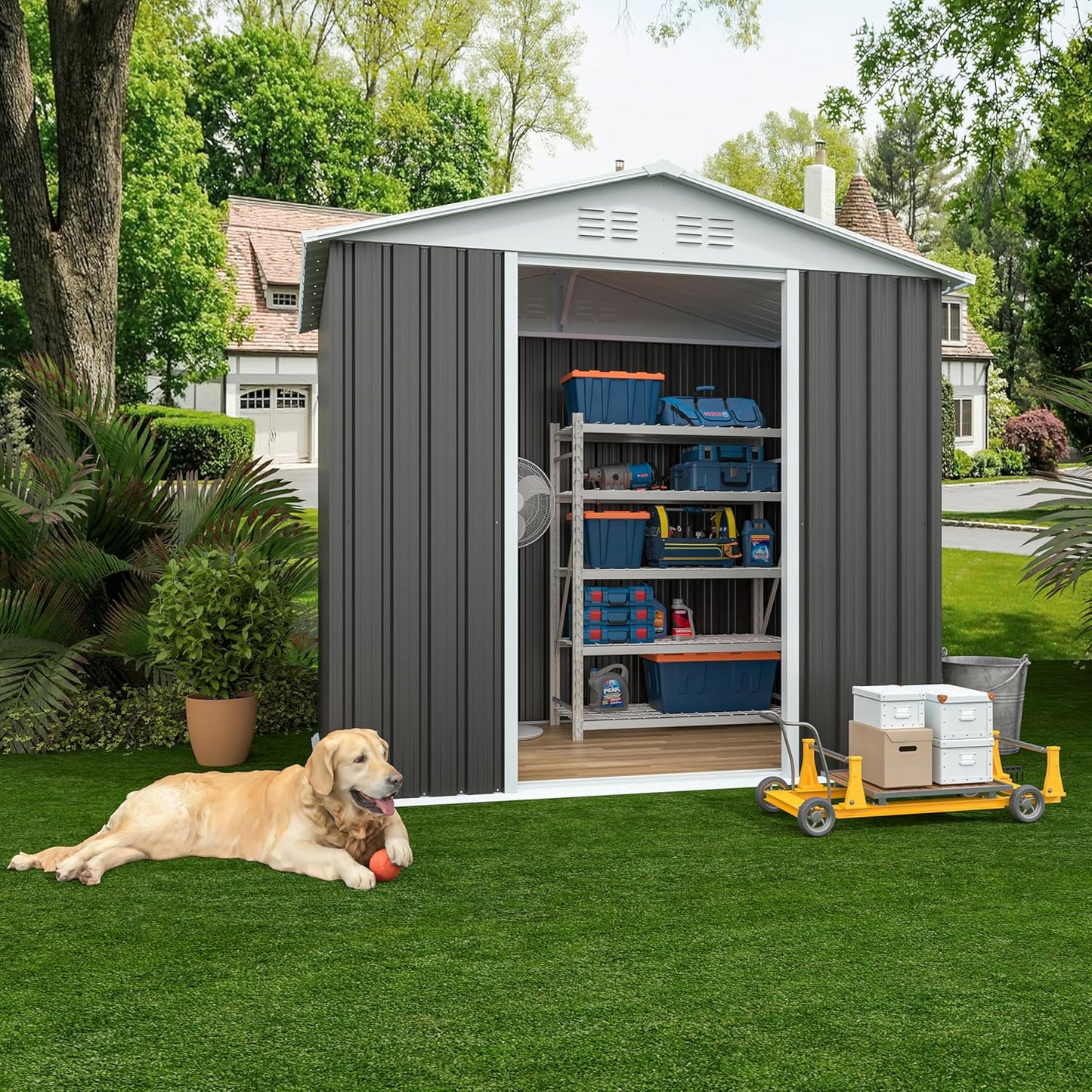 6x4 FT Outdoor Metal Storage Shed with Floor Base Frame, Waterproof Garden Sheds w/Lockable Sliding Doors and Vents, Outside Steel Tool Storage House for Backyard, Patio, Lawn, Grey