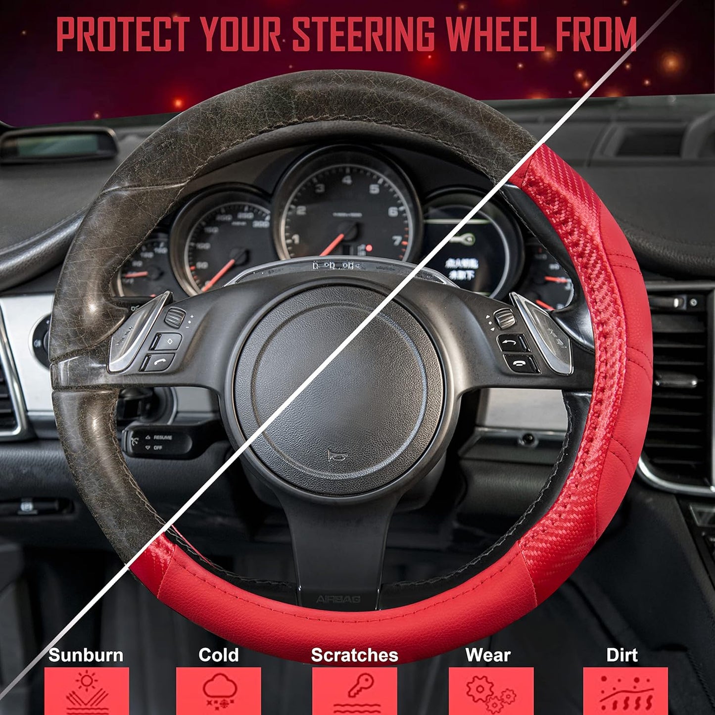 CAR PASS Line Rider Microfiber Leather Sporty Steering Wheel Cover 14.5-15 inch Universal Fits for 95% Truck,SUV,Cars, Anti-Slip Safety Comfortable Desgin (Red-Carbon Fiber)