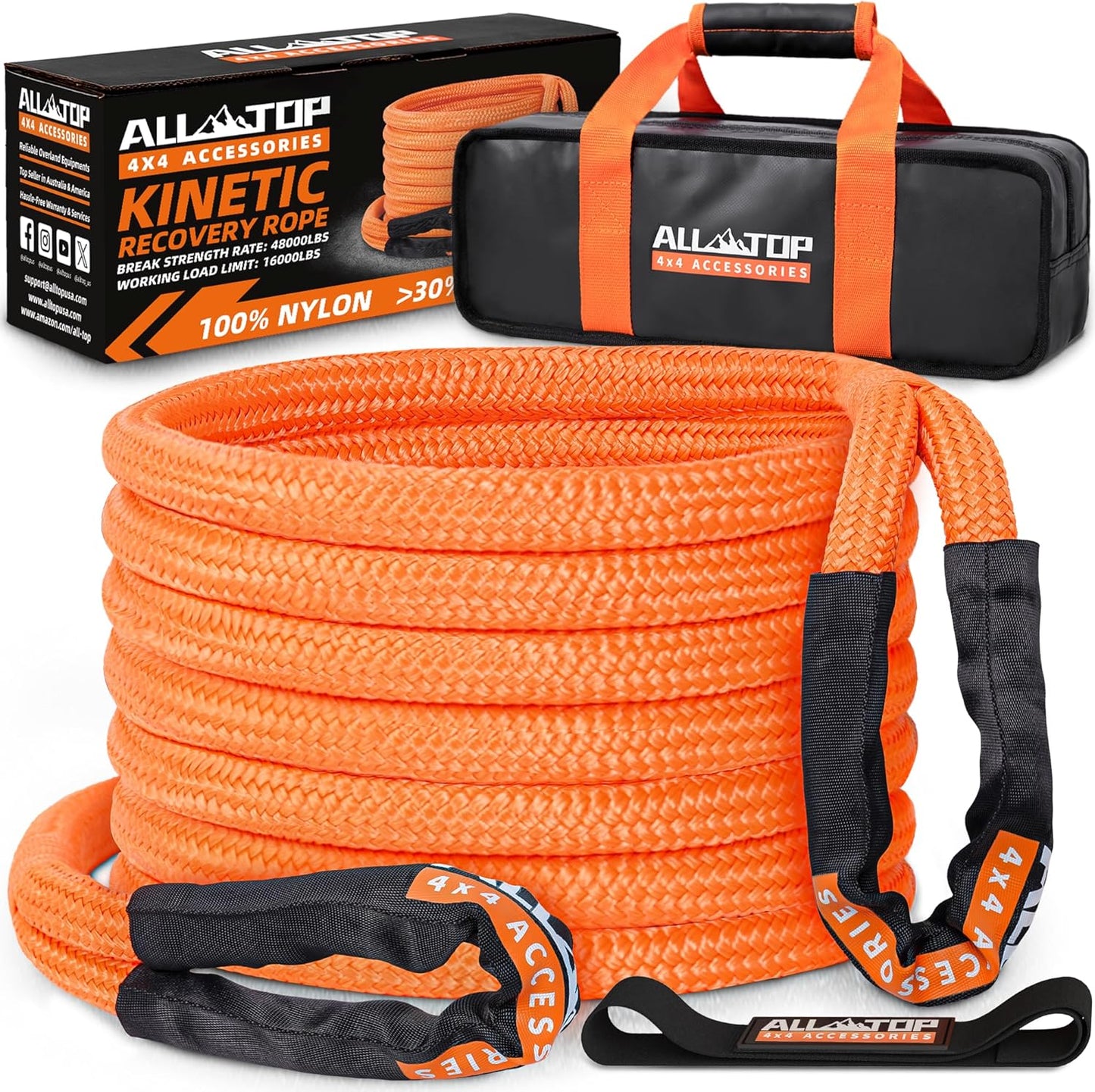ALL-TOP Kinetic Recovery Rope, 48000Lbs, 1in x 30ft, Heavy Duty 30+% Elasticity, 16000Lbs Work Load Limit for 4x4 Offroad Vehicle