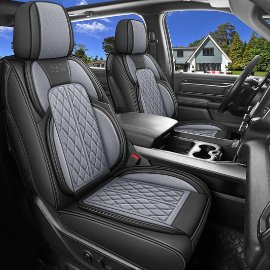Car Seat Cover Custom Fit for Dodge Ram 1500 2500 3500 2002-2024 Faux Leather Seat Cover Set Compatible with Crew Quad Regular Cab Pickup Truck Cushions (Black & Grey, Front Seat)