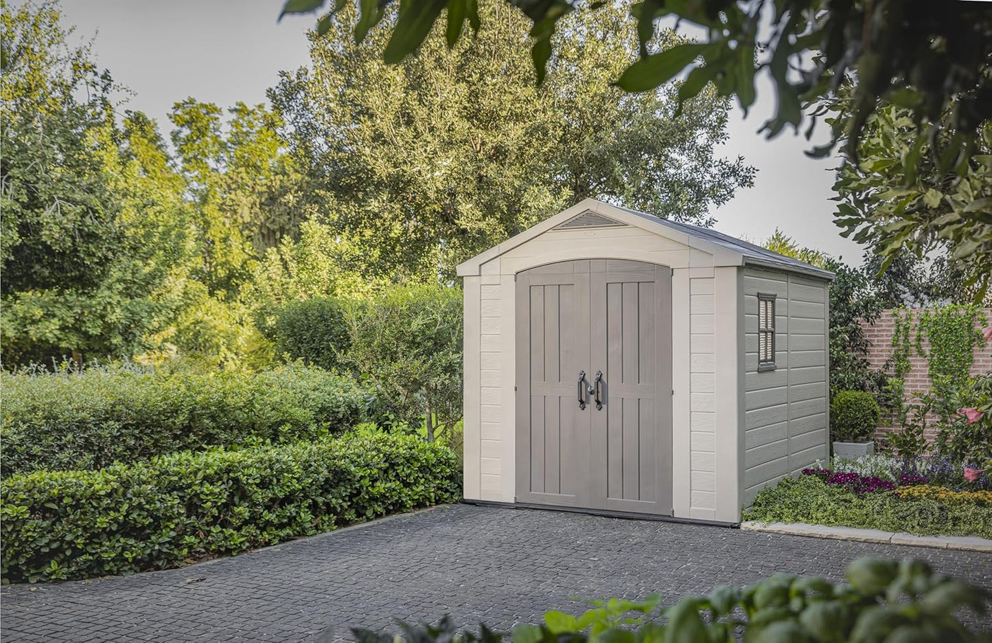 Keter Factor 8x8 Foot Large Resin Outdoor Shed with Floor for Patio Furniture, Lawn Mower, and Bike Storage, Taupe & Brown