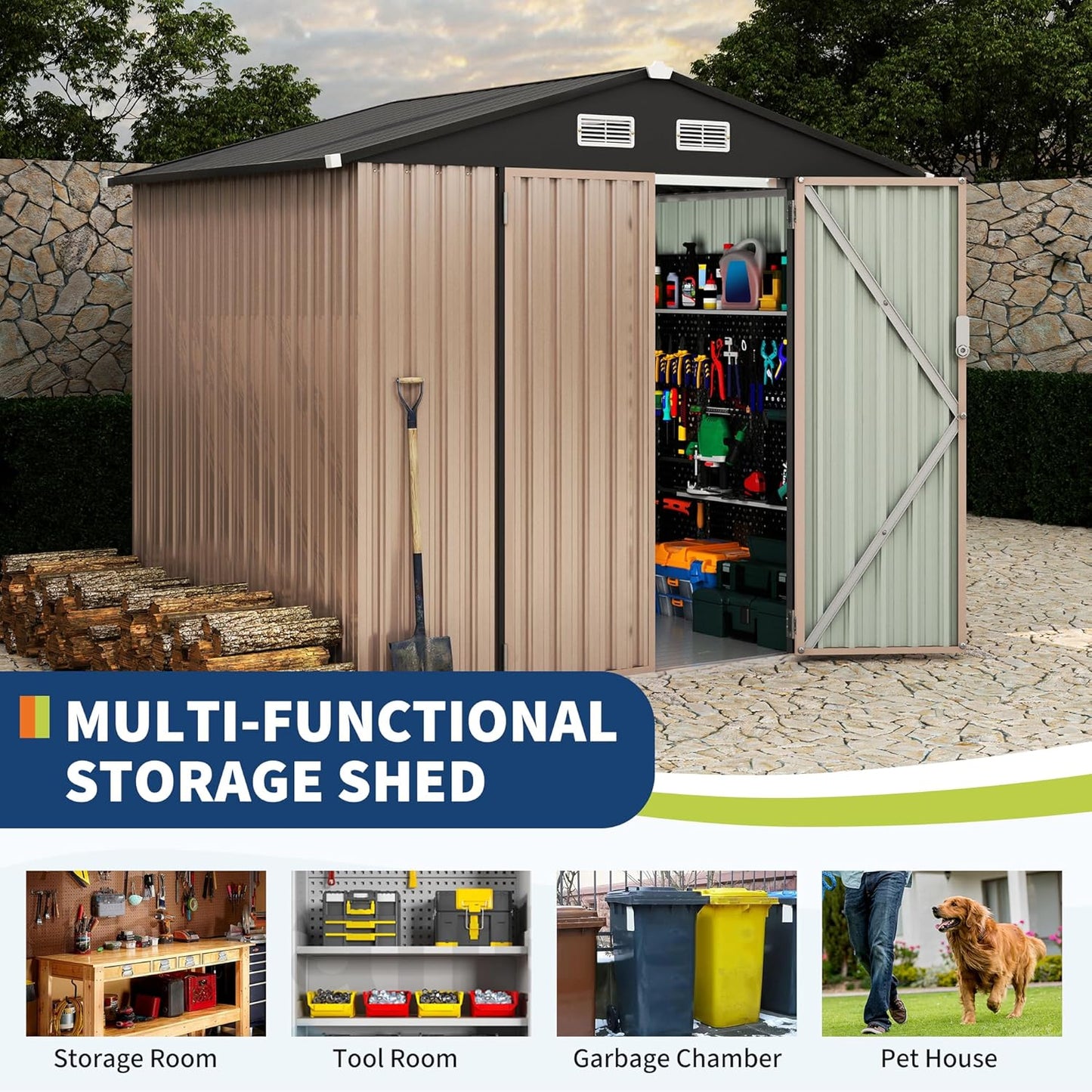 6x8x6.4 FT Outdoor Storage Sheds with Floor, Metal Garden Tool Shed for Backyard, Large Metal Sheds Outdoor Storage With Lockable Doors & Air Vents for Backyard Garden Patio Lawn
