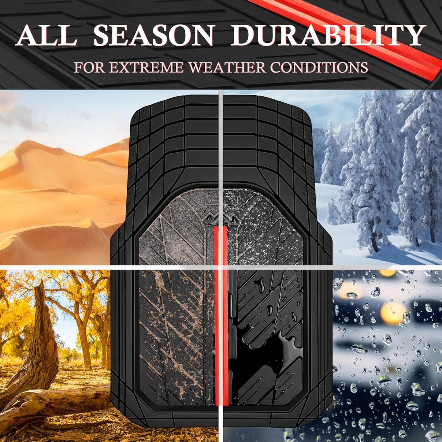 CAR PASS Metal Medium Rubber Floor Mats for Car Heavy Duty Car Mats All Weather, Universal Trim to Fit for Truck SUV Vehicle Automotive Floor Mats, Waterproof Car Mats 4 Piece Black and Red