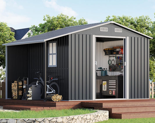Jocisland 10.6x6.8x6.3 FT Galvanized Metal Storage Shed with Open Firewood Bay, Sliding Doors & Ramp, 2 Windows & Vents, Weather-Resistant Outdoor Tool/Garden Shed, Dark Grey/White