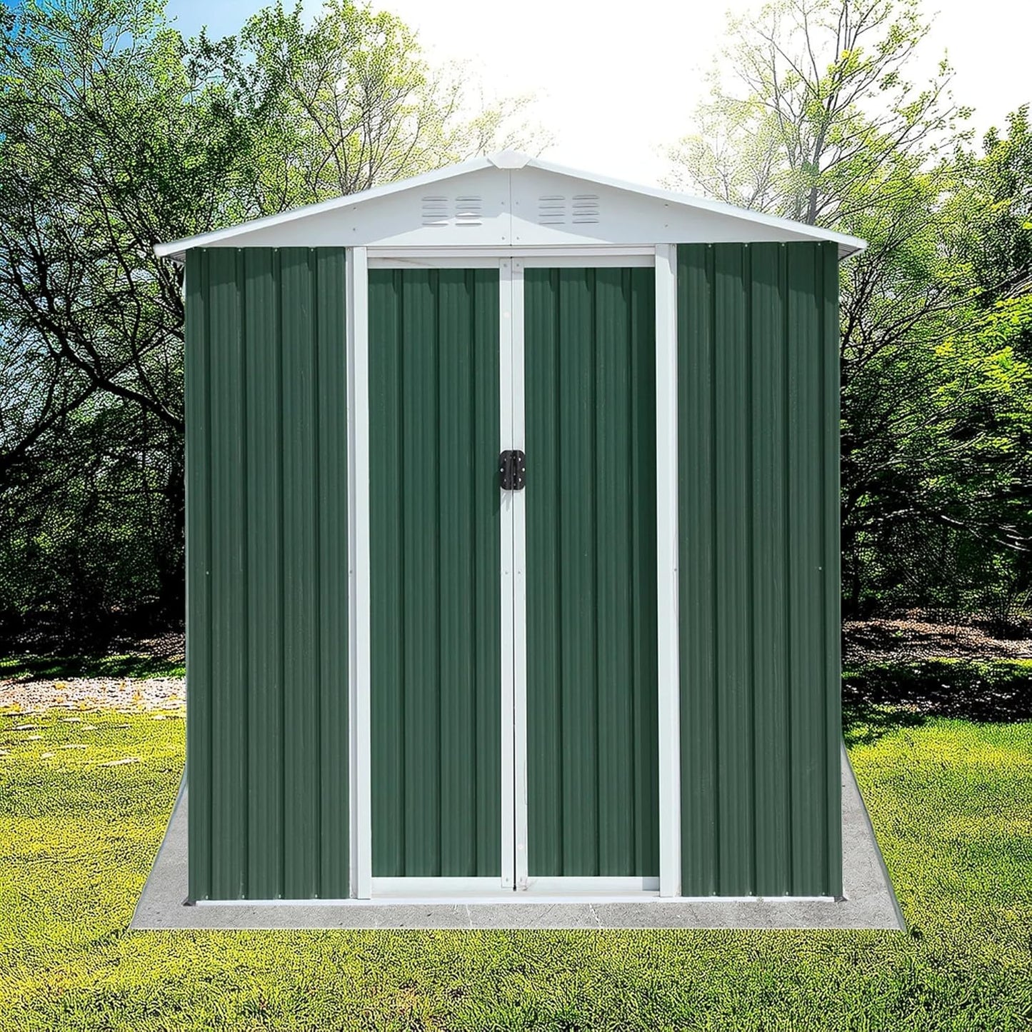 6x4 FT Outdoor Metal Storage Shed, Waterproof Outside Garden Sheds w/Lockable Sliding Doors and Vents, Weather Resistant Steel Tool Storage House for Backyard, Patio, Lawn, Green