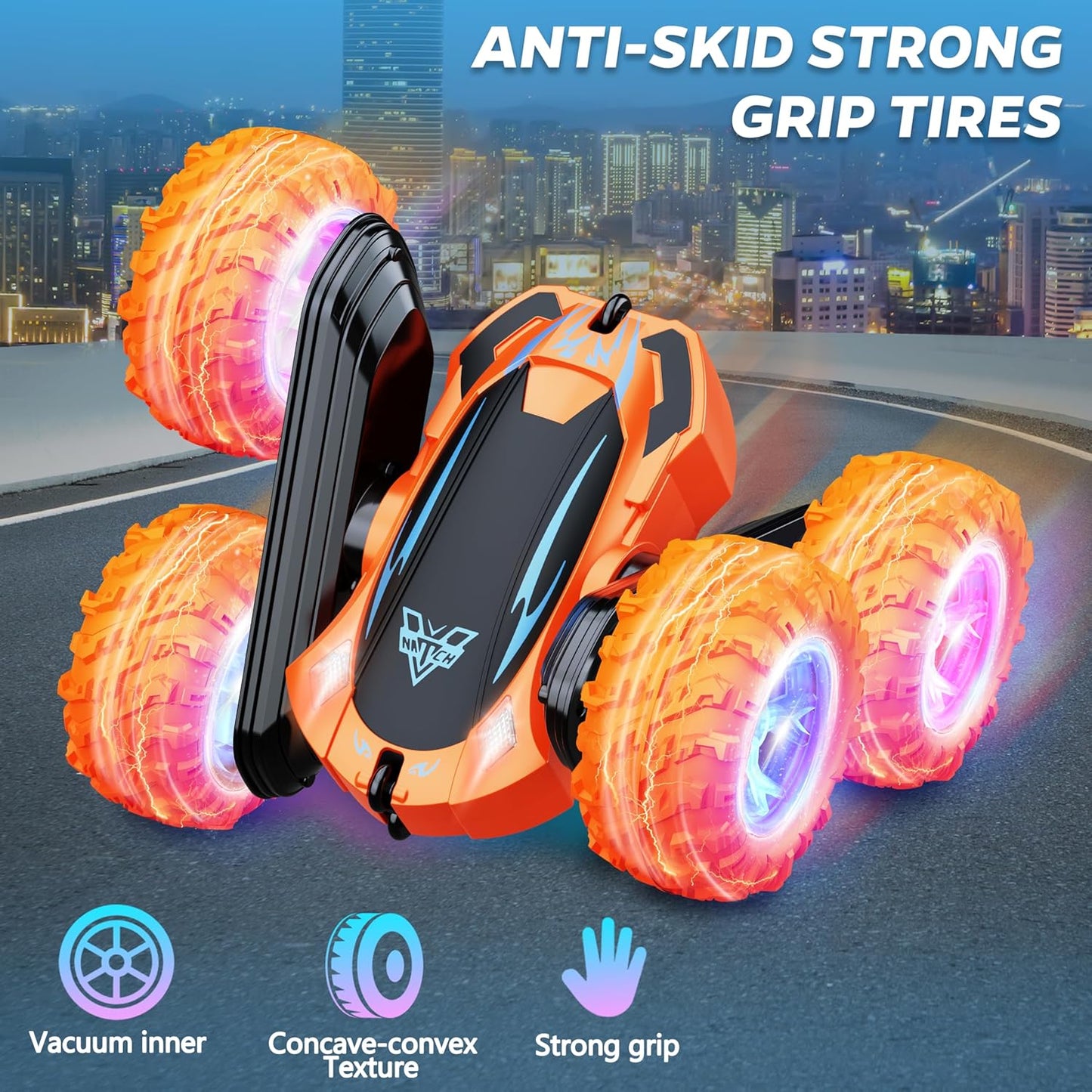Remote Control Car, 2.4GHz Electric Race Stunt Car, Double Sided 360° Rolling Rotating Rotation, LED Headlights RC 4WD High Speed Off Road Gift for 3 4 5 6 7 8-12 Year Old Boy Toys (Orange)